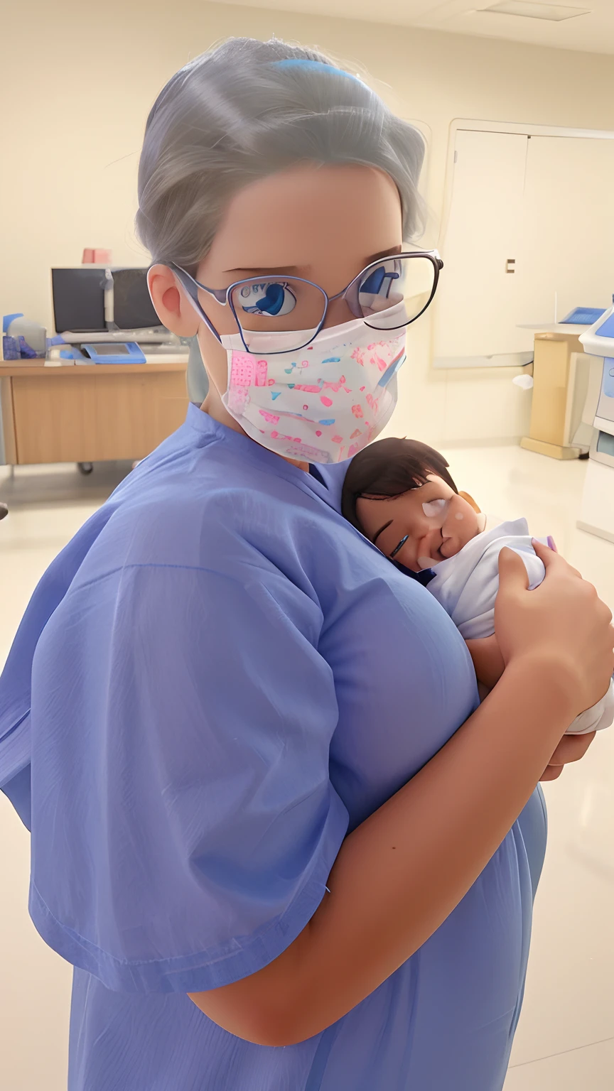 Young nurse holding a premature diaper baby inside ICU in blue outfit, estilo disney picture pixel