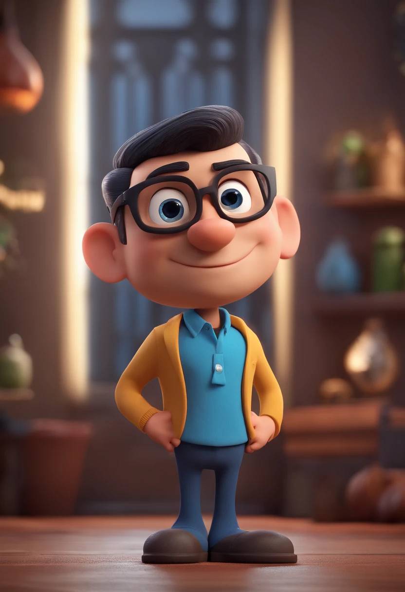 Cartoon character of a man with black glasses and a blue shirt, animation character, Caractere estilizado, animation style rendering, 3D estilizado, Arnold Maya render, 3 d render stylized, toon render keyshot, Personagem 3D, Personagem 3D, 3d rendering stylized, 3 d character render, personagem de desenho animado, Personagem de close up, Pose de personagem,  (Estilo Pixar) (master part:1.2) (Bokeh) (best quality) (pele detalhada) (textura detalhada) (8k) (argila) (Cinematic lighting) (foco nítido