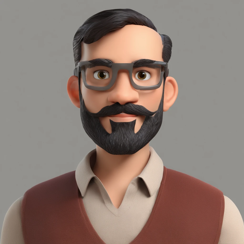 Criar um personagem no estilo Pixar. Trata-se de um homem de 30 anos, com barba, Branco, com cabelos castanhos curtos e um quiff, e olhos castanhos. Ele deve estar na frente de um computador, Trabalhar como designer