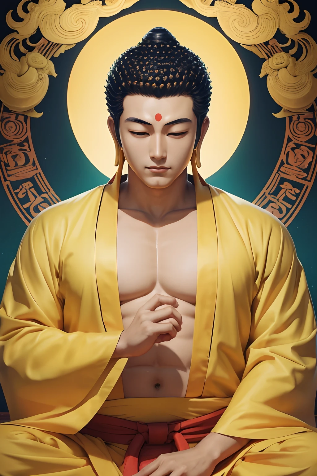 Anime-style giant Buddha with handsome face、Do zazen、It is a traditional costume of the Big Buddha, however、The color is bright yellow、Hair is a refreshing all-back、Brown hair、The mark on the forehead is light vermilion
