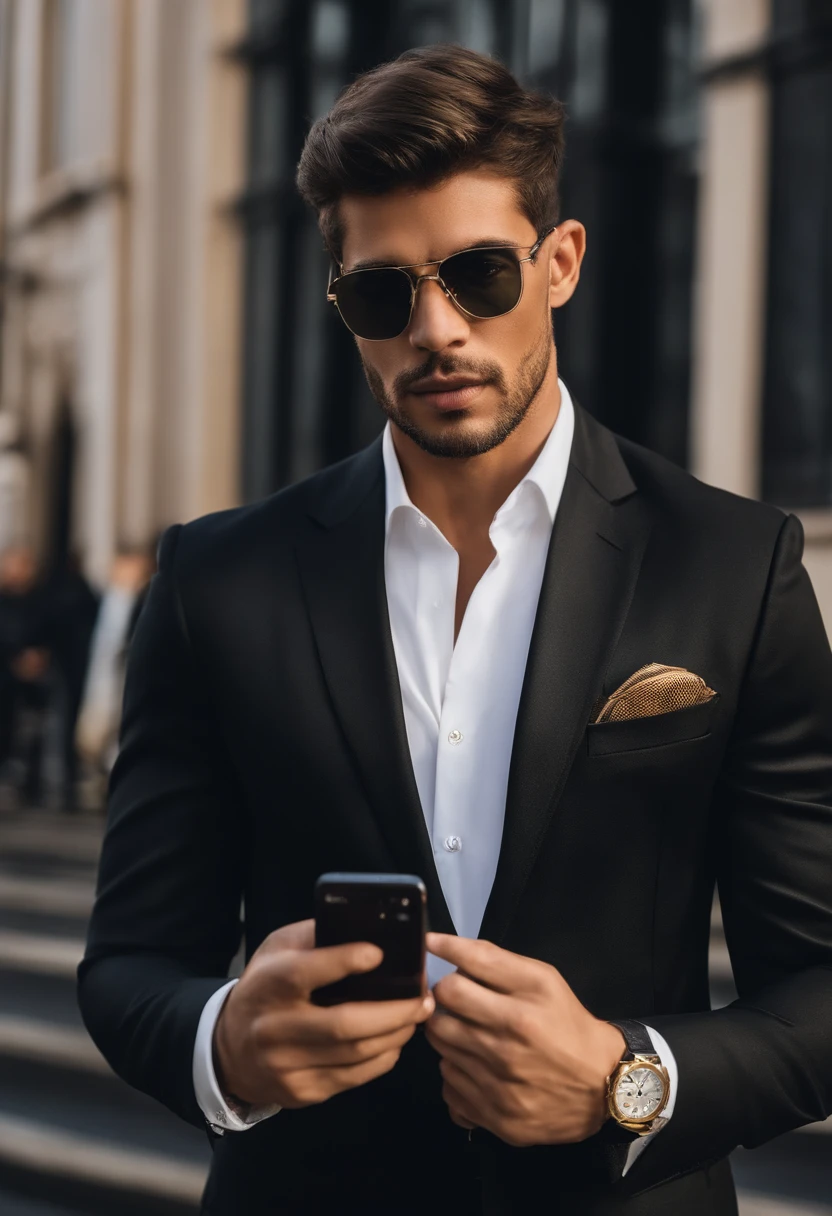 Criar uma imagem realista de uma homem brasileiro, with an average age of 33 years, cabelos escuros, franja arrepiada, usando terno preto com camisa branca e gravata preta, In his left hand he is wearing a mobile phone and in his right hand a gold Tag Heuer watch and wearing a black square pair of glasses, and in the background a crowd coming out of a forum building