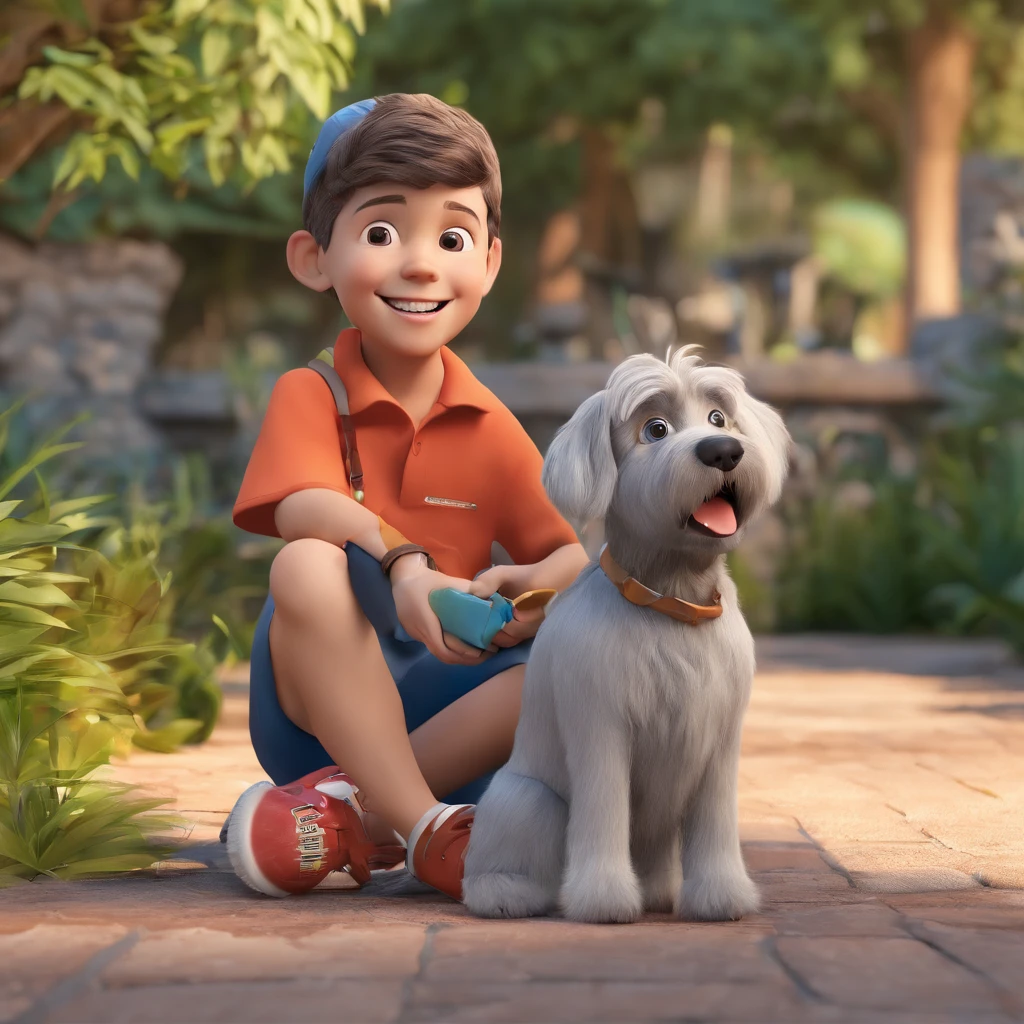 Lucas is a smiling 5-year-old human boy, com seu fiel amigo, Bolt, o cachorro schnauzer, deitados no jardim
