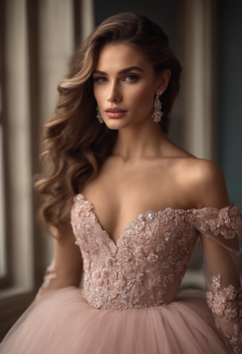 Woman, Serious, elegante, vestido rosa, aristocratic, elementos prateados, unhas compridas, bareshoulders, penteado, cabelo para cima, braid and ponytail, Messy, arrogante, Absurdo, vestido detalhado, realeza, celebration, hall decorated with flowers, cowboy shot, retrato, (best quality), (master part), (altamente detalhado), (4k)
