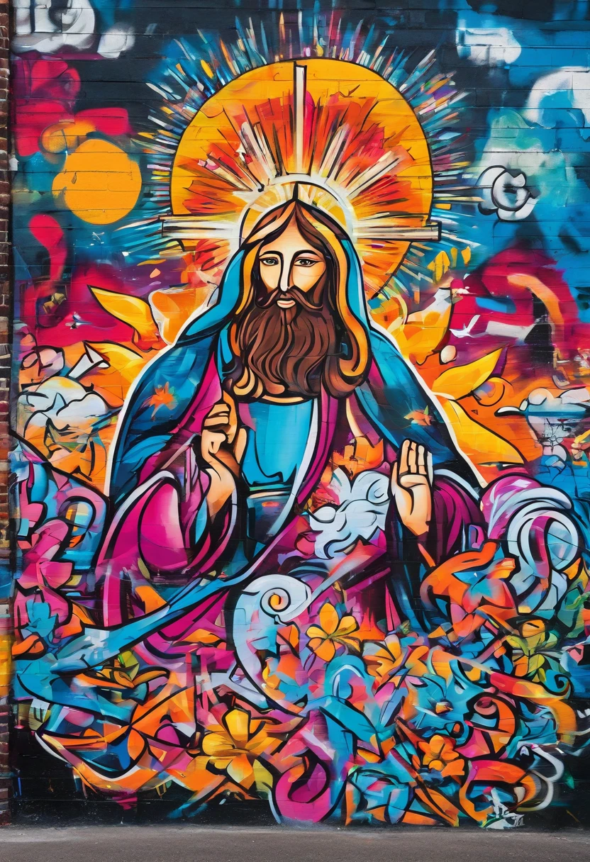 Prompt: grafity, jesus cristo, heaven, pomba branca, imagem completa, High resolution high contrast