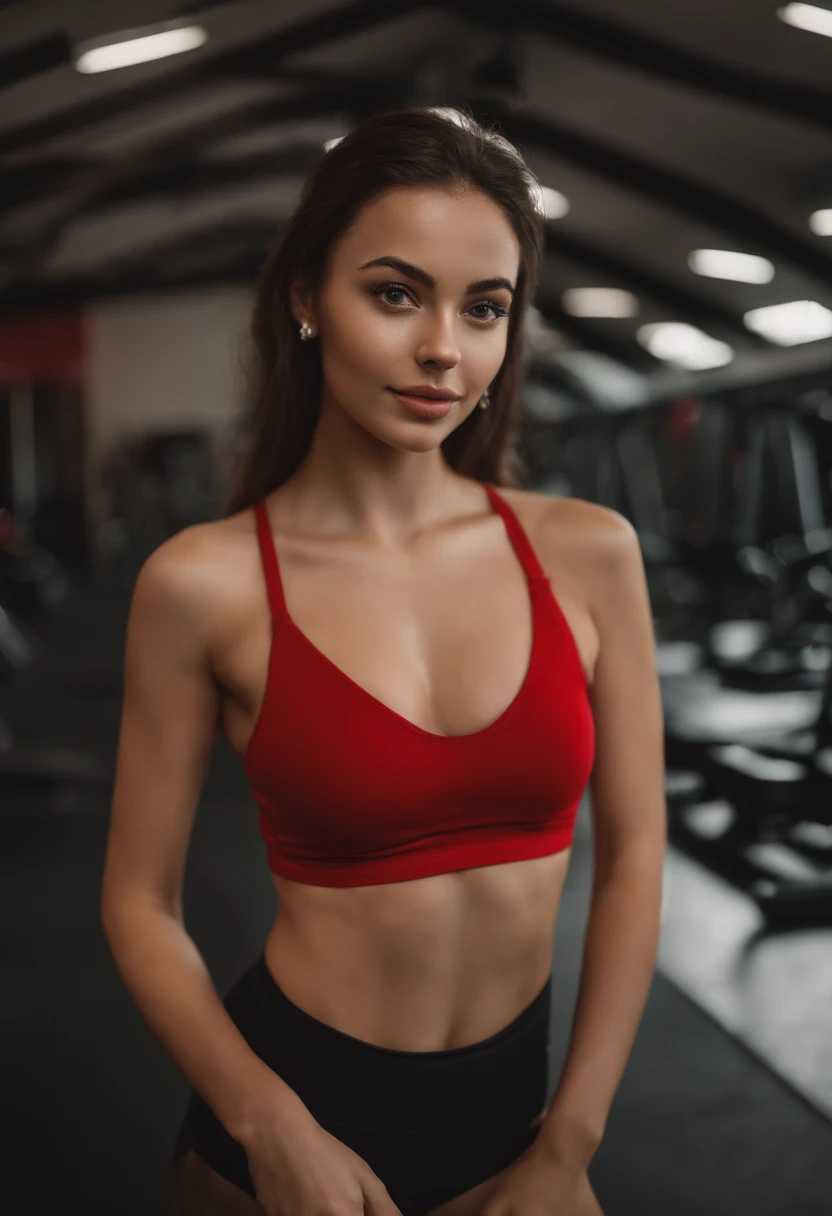 arafed woman topless, sexy girl with brown eyes, portrait sophie mudd, brown hair and large eyes, selfie of a young woman,red bra, without makeup, natural makeup, looking directly at the camera, face with artgram, subtle makeup, stunning full body shot, in gym, cleavage