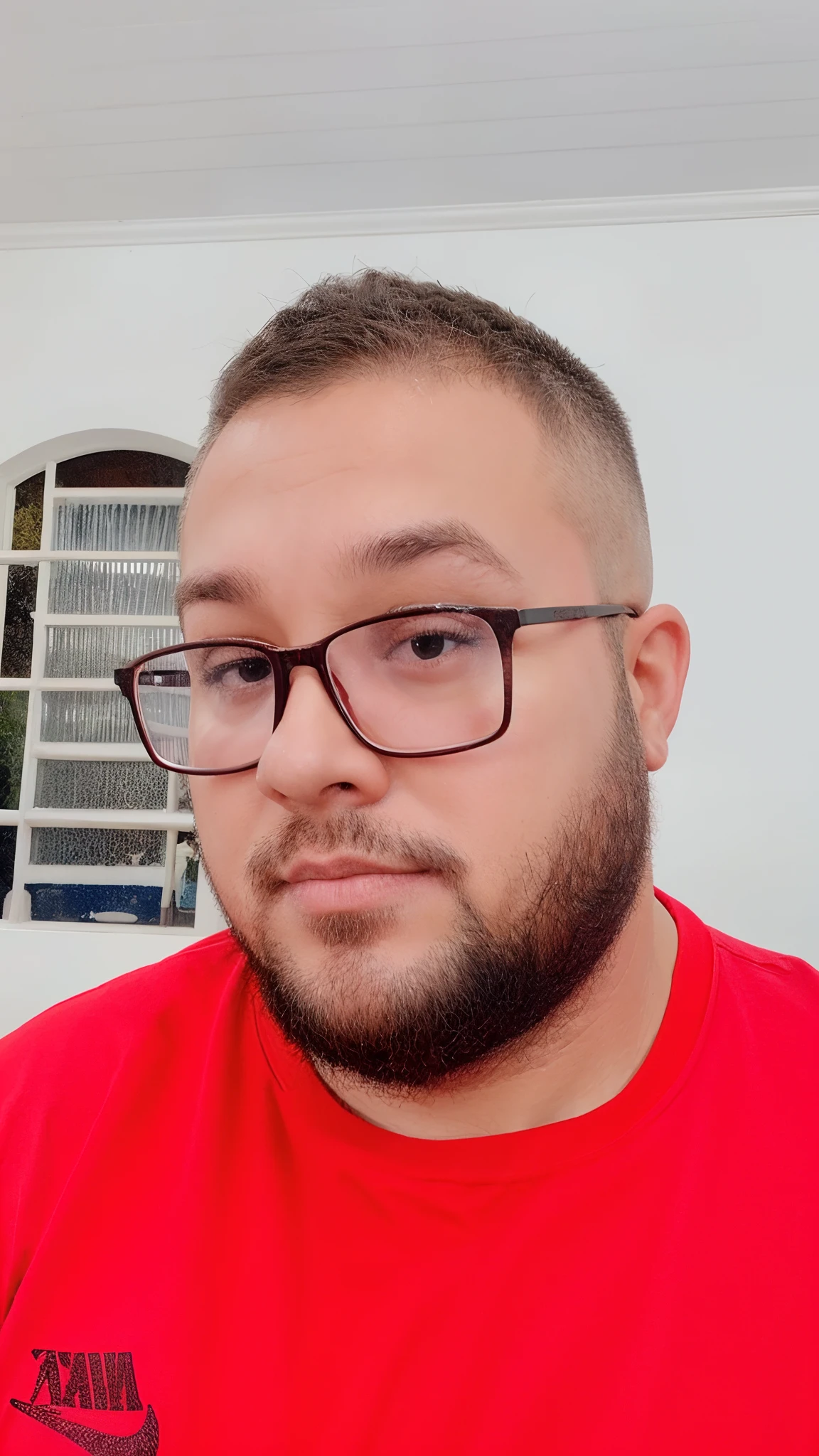 30 Year Old Man Red Shirt Drool Short Glasses Walking Short Strong Chubby Nose Coxinha