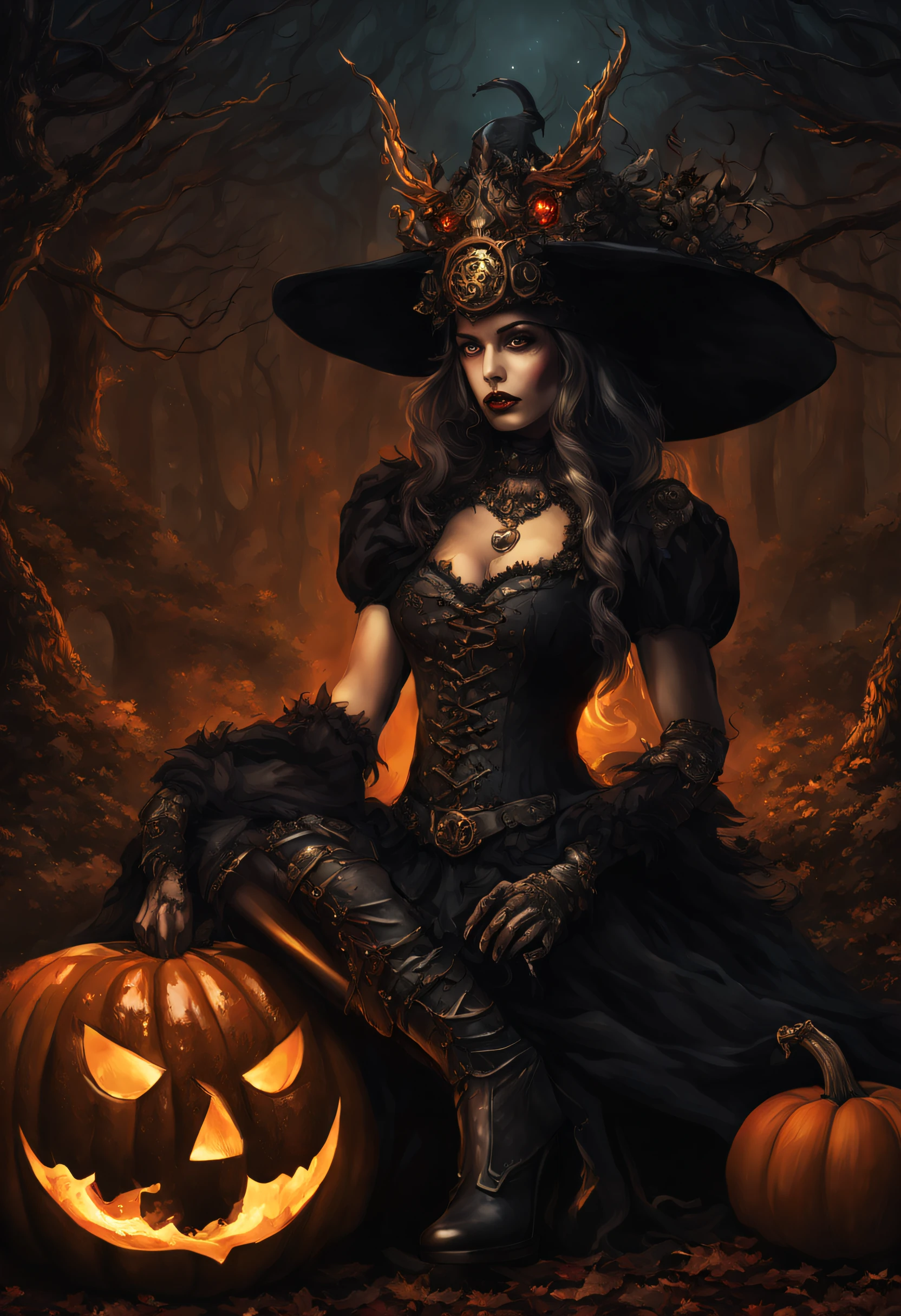 Dark fantasy illustration set in a forest at night, onde uma mulher adornada com chifres, A demonic-themed headpiece, And long boots sit on a pumpkin. The ambiance is enhanced with a fire pit, Gothic tones, detalhes steampunk, and a bronze-like aesthetic, iluminado por luz ambiente brilhante.