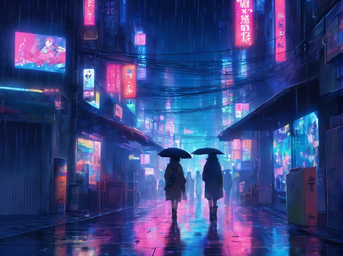 calle estrecha, ciudad, noche, lluvia, sin coches, cyberpunk, A high resolution, ultrasharp, 8k, obra maestra