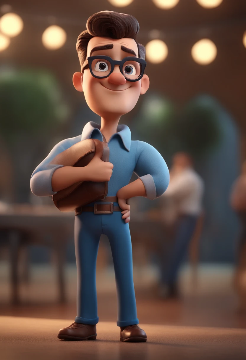 Cartoon character of a man with black glasses and a blue shirt, animation character, Caractere estilizado, animation style rendering, 3D estilizado, Arnold Maya render, 3 d render stylized, toon render keyshot, Personagem 3D, Personagem 3D, 3d rendering stylized, 3 d character render, personagem de desenho animado, Personagem de close up, Pose de personagem,  (Estilo Pixar) (master part:1.2) (Bokeh) (best quality) (pele detalhada) (textura detalhada) (8k) (argila) (Cinematic lighting) (foco nítido