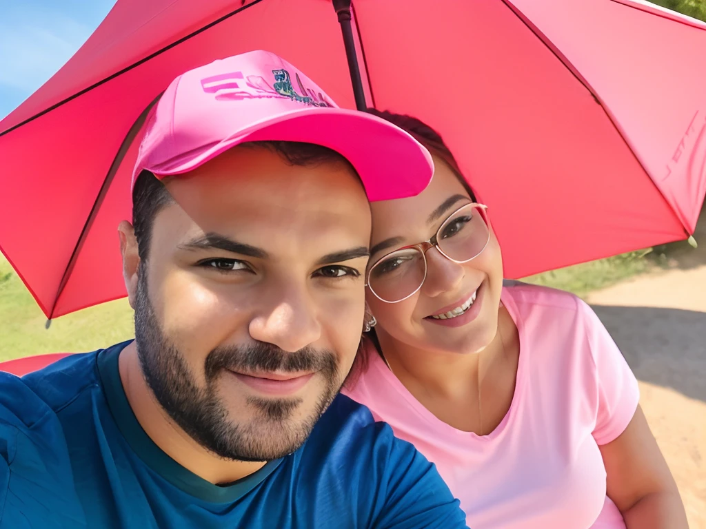 They're sitting together in a park with a pink umbrella, Fotografia Selfie 8k, Parque em segundo plano, Retrato de duas pessoas, photo from behind, imagem de perfil, Selfie, vacation photo, Foto POV, retrato de casal, foto Selfie, selfie shot straight on angle, foto retrato, com montanhas ao fundo, com um parque ao fundo, retrato de casais