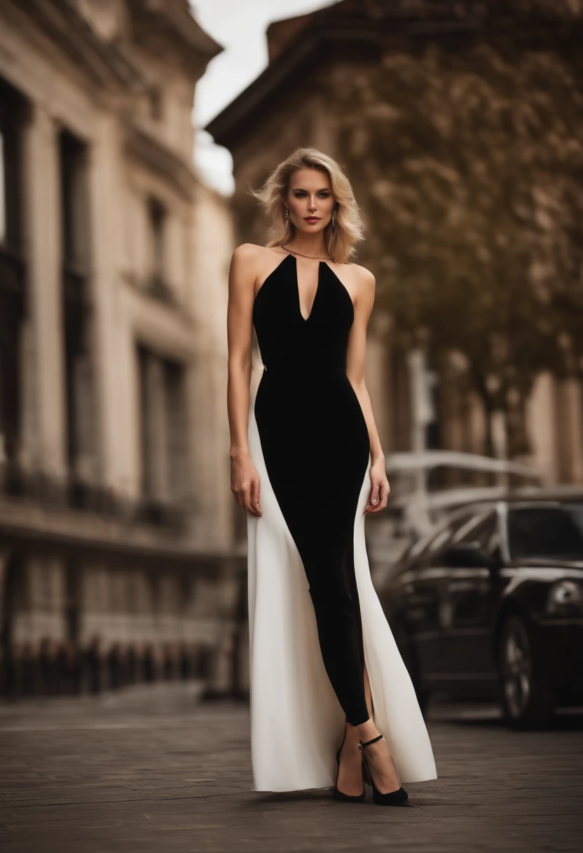 a beautiful woman of about 30 years old, tall, almost white blonde, thin like a fitness muse, sensual without being vulgar, dressed in a black Prada dress with shoulder pads that reach the knee, tight to the body, with a black hat feminine matching the dress, very elegant, high and pointed heel shoes