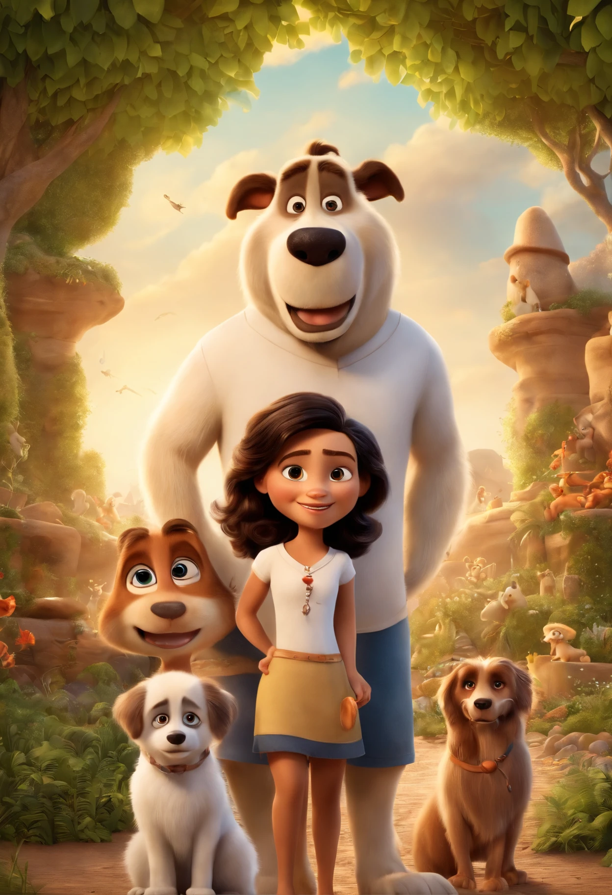 a Disney Pixar movie poster showing a white-skinned family. The father is the tallest, cabelos pretos, cabelos curtos e espinhosos. The mother has brown eyes and hair, shoulder-length and is slightly overweight. A menino tem 9 anos e cabelos castanhos, roupa azul. A menina tem 15 anos, cabelos loiros, olhos pequenos. Tem 2 cachorros , um maior com pelos brancos e outro menor com pelos pretos. The background is a beach garden. 3D-rendering