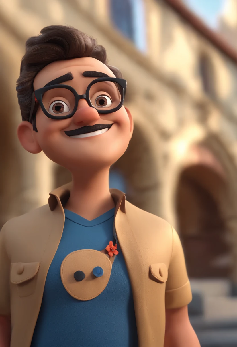 Cartoon character of a man wearing black glasses and a blue shirt, um personagem animado, Caractere estilizado, animation style rendering, 3D estilizado, Arnold Maya render, 3 d render stylized, toon render keyshot, Personagem 3D, Personagem 3D, 3d rendering stylized, 3 d character render, personagem de desenho animado, Personagem de close up, Pose de personagem, (Estilo Pixar) (master part:1.2) (Bokeh) (best quality) (pele detalhada) (textura detalhada) (8k) (argila) (Cinematic lighting) (foco nítido，Senta e vaza a parte superior do corpo