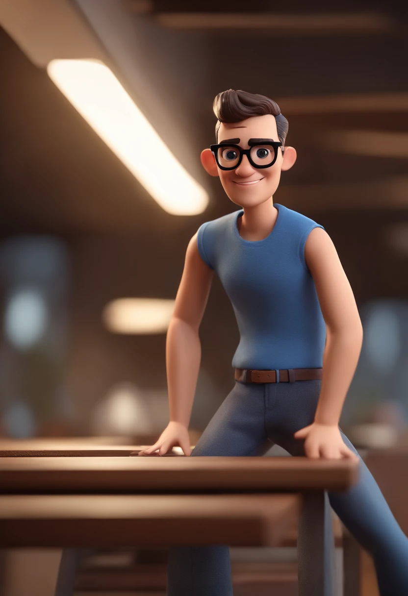 Cartoon character of a man wearing black glasses and a blue shirt, um personagem animado, Caractere estilizado, animation style rendering, 3D estilizado, Arnold Maya render, 3 d render stylized, toon render keyshot, Personagem 3D, Personagem 3D, 3d rendering stylized, 3 d character render, personagem de desenho animado, Personagem de close up, Pose de personagem, (Estilo Pixar) (master part:1.2) (Bokeh) (best quality) (pele detalhada) (textura detalhada) (8k) (argila) (Cinematic lighting) (foco nítido,Senta e vaza a parte superior do corpo