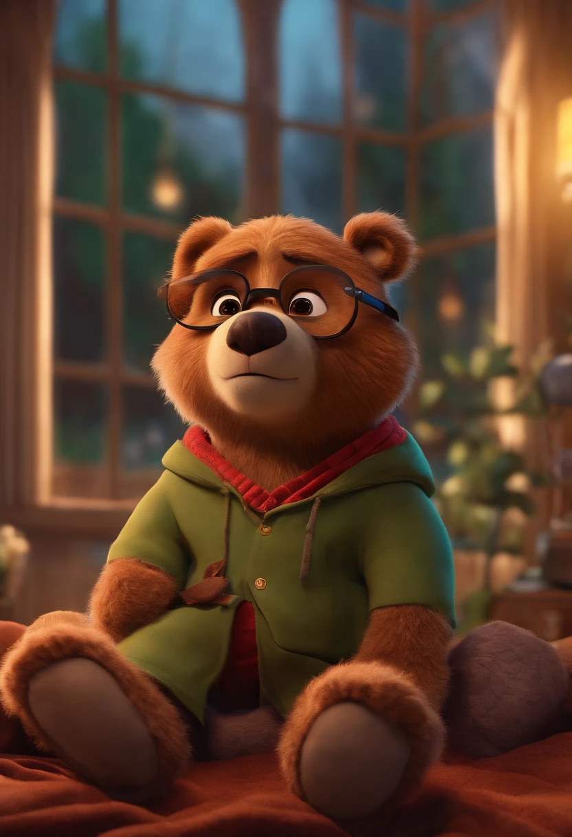 Menino estilo desenho animado, Pixar, wearing round glasses, segurando um urso de pelucia, roupa de escoteiro,