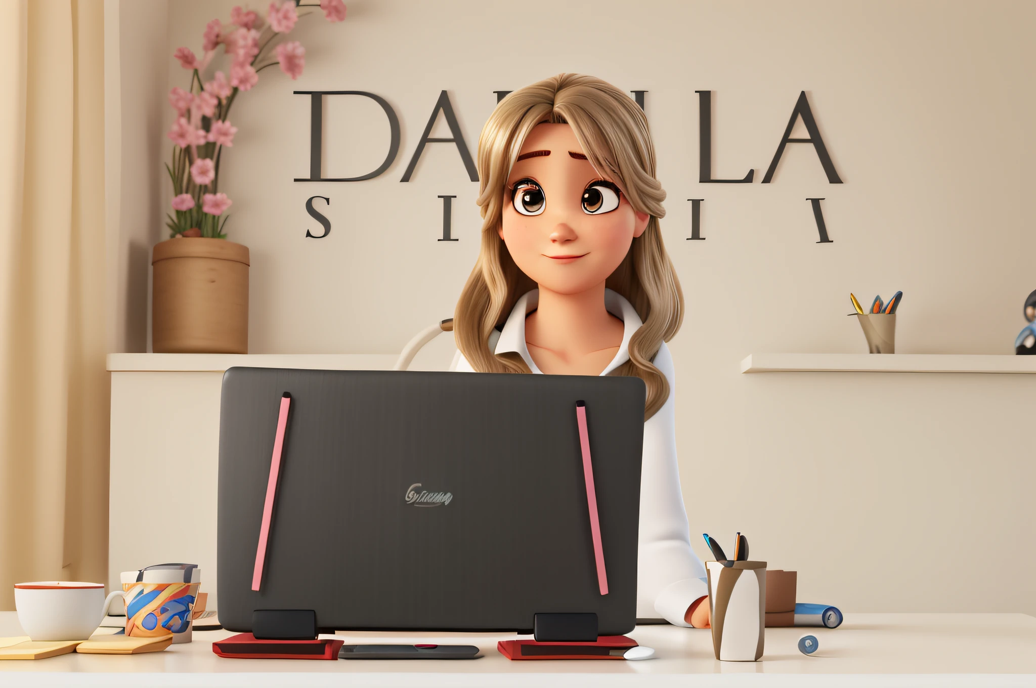 uma mulher loira. cabelo abaixo dos ombros, olhos castanhos, sentada com um notebook a sua frente estilo disney pixar, alta qualidade, melhor qualidade