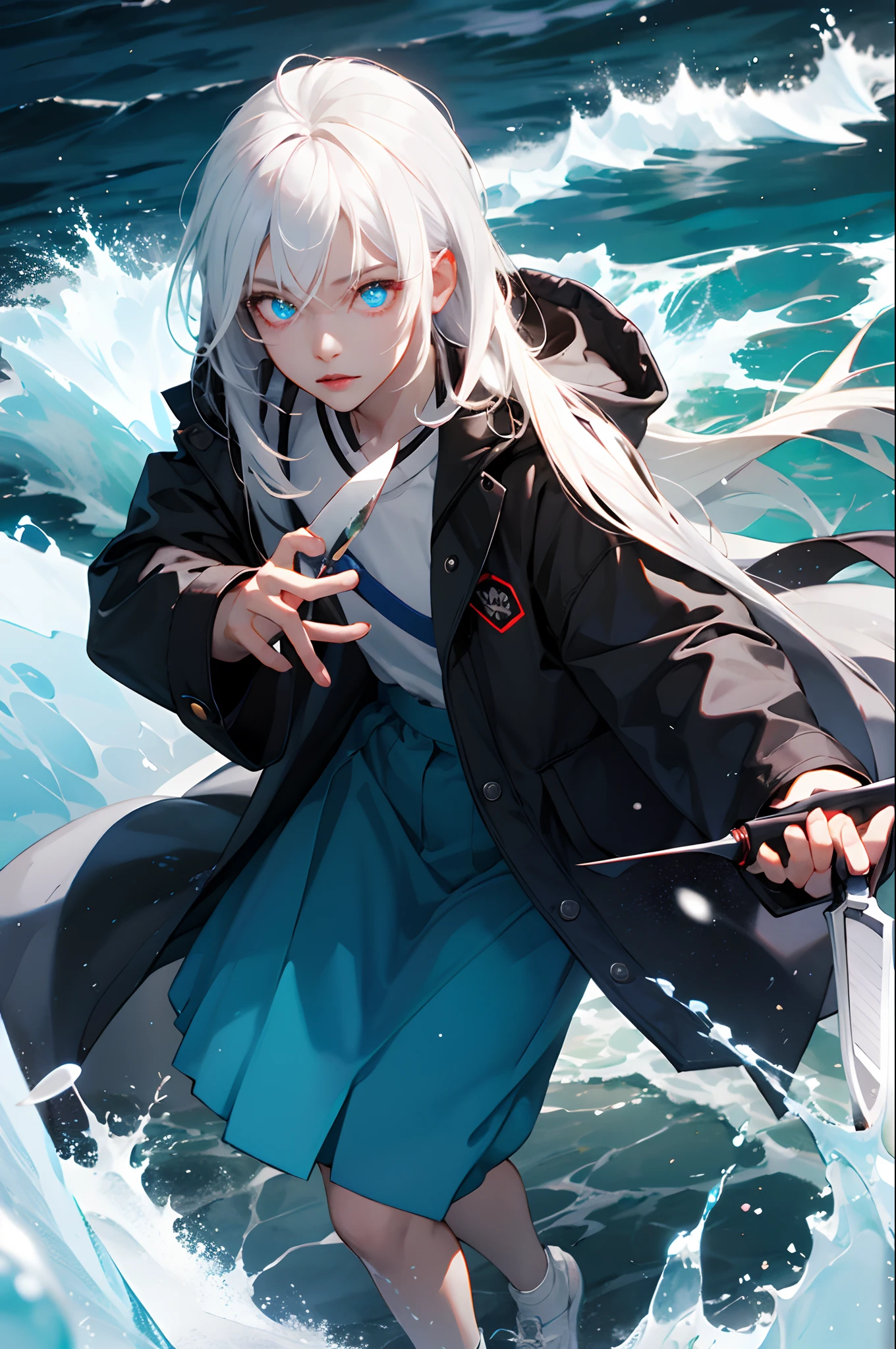 masutepiece, hightquality, High resolution, 8K, Best Quality, 1girl in, Cool, Glowing eyes, ocean eyes, blood splashing, ice eyes, White hair, long hair,solitude,Cool,校服,parka,a cool,Fashionable,Clean your hands,holding knive