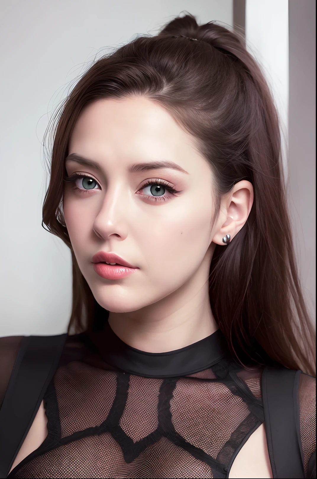 Angela White black widow outfit, realistic face, frontal image