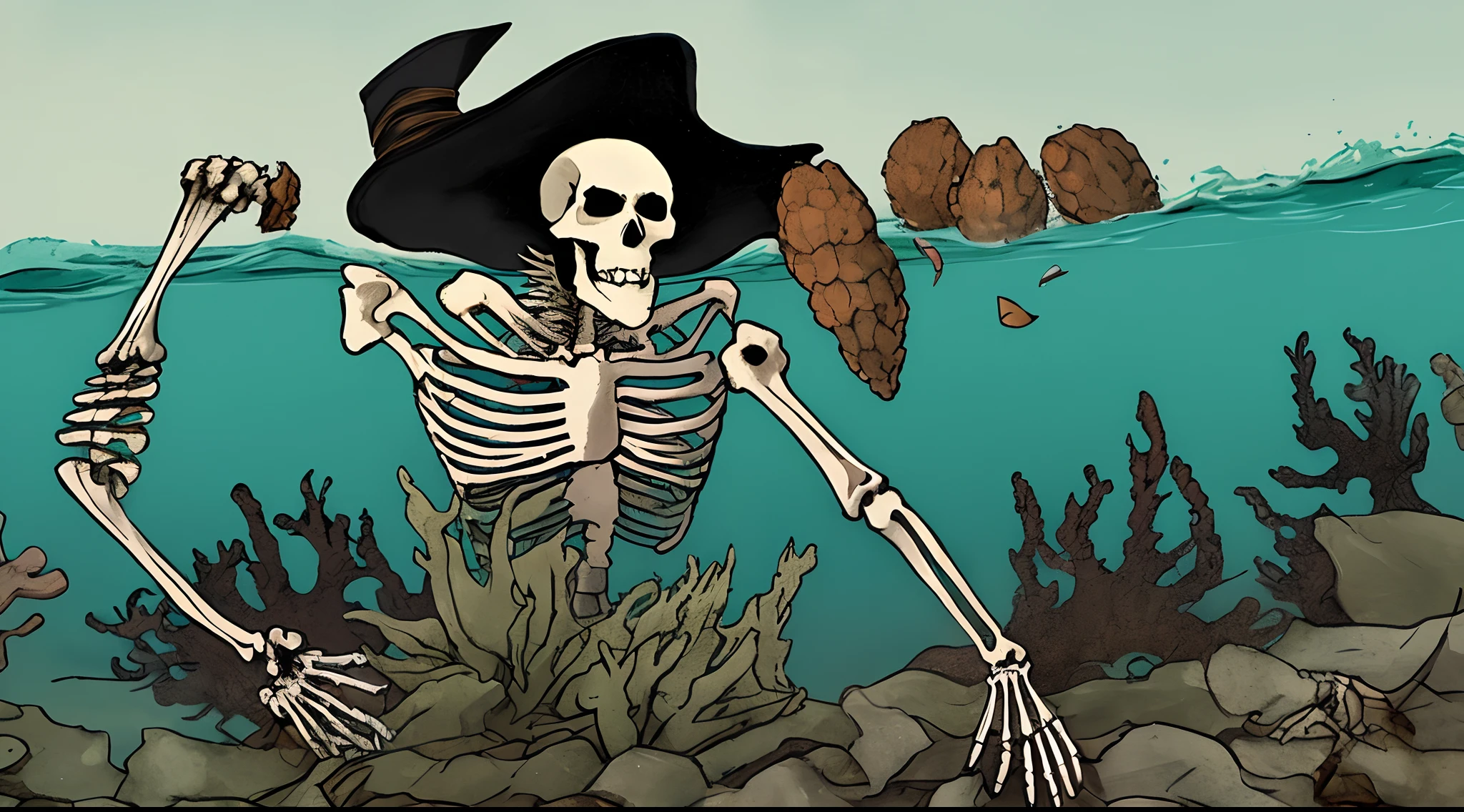 A skeleton Captain with Barnacles and seaweed, wearing a torn up hat and has a peg leg