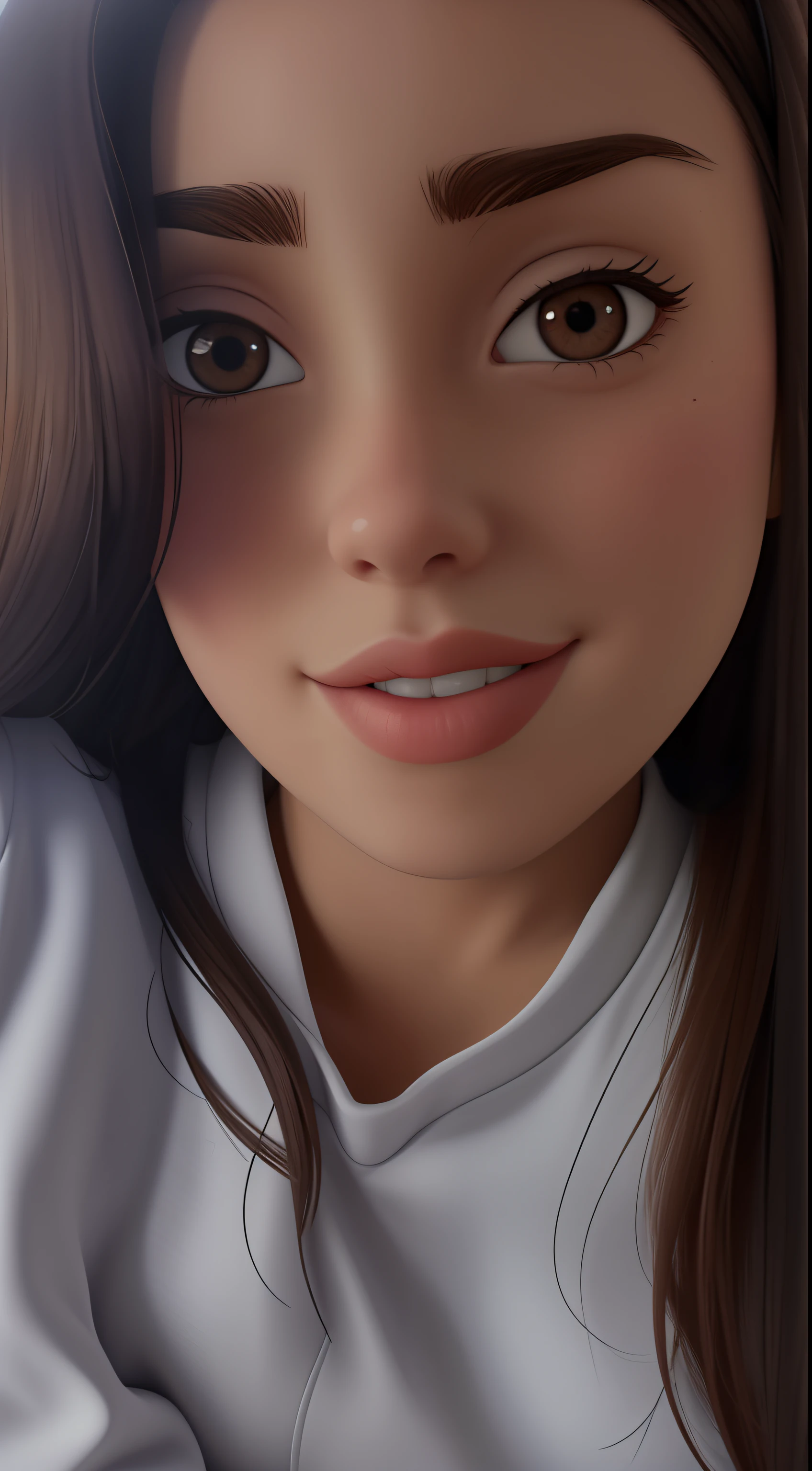 Uma mulher com cabelos castanhos claro, with a visible eye that appears to be light brown in color. Sua pele parece clara e ela exibe um sorriso leve, com uma covinha na bochecha. O rosto dela mostra uma sobrancelha bem definida e uma pele aparentemente lisa. She's wearing a gray blouse, com alguns desenhos em azul. she is a little chubby, but not too much. No estilo Disney Pixar