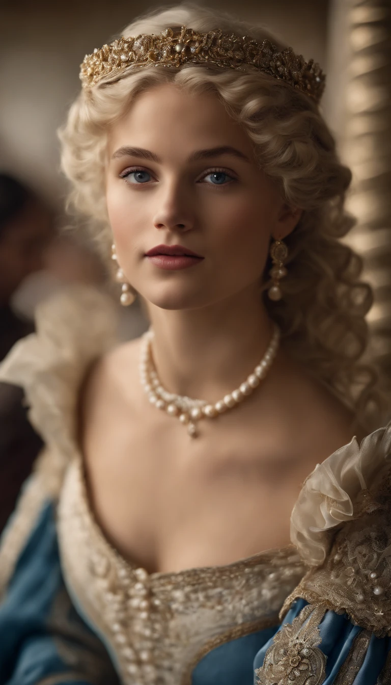 Imagem de um menino Valois, a young French courtesan of the sixteenth century of the thirteenth century, de anos, com sua beleza e charme . Blonde with white hair and beautiful expressive blue curly eyes with small strands and braids. She is dressed in an exquisite dress with white details with pearls and gold, com um decote mergulhante. Joias finas, colar com muitas perolas e safiras, brincos de perolas e aneis em seus dedos. (melhor qualidade,ultra-realistic:1.2),A high resolution ,ultra-detalhado,