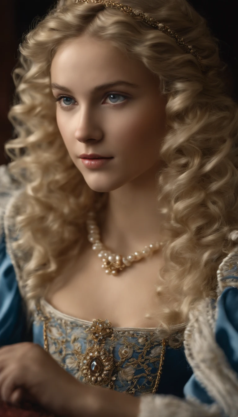 Imagem de um menino Valois, a young French courtesan of the sixteenth century of the thirteenth century, de 16 anos, com sua beleza e charme . Blonde with white hair and beautiful expressive blue curly eyes with small strands and braids. She is dressed in an exquisite dress with white details with pearls and gold, com um decote mergulhante. Joias finas, colar com muitas perolas e safiras, brincos de perolas e aneis em seus dedos. (melhor qualidade,ultra-realistic:1.2),A high resolution ,ultra-detalhado,