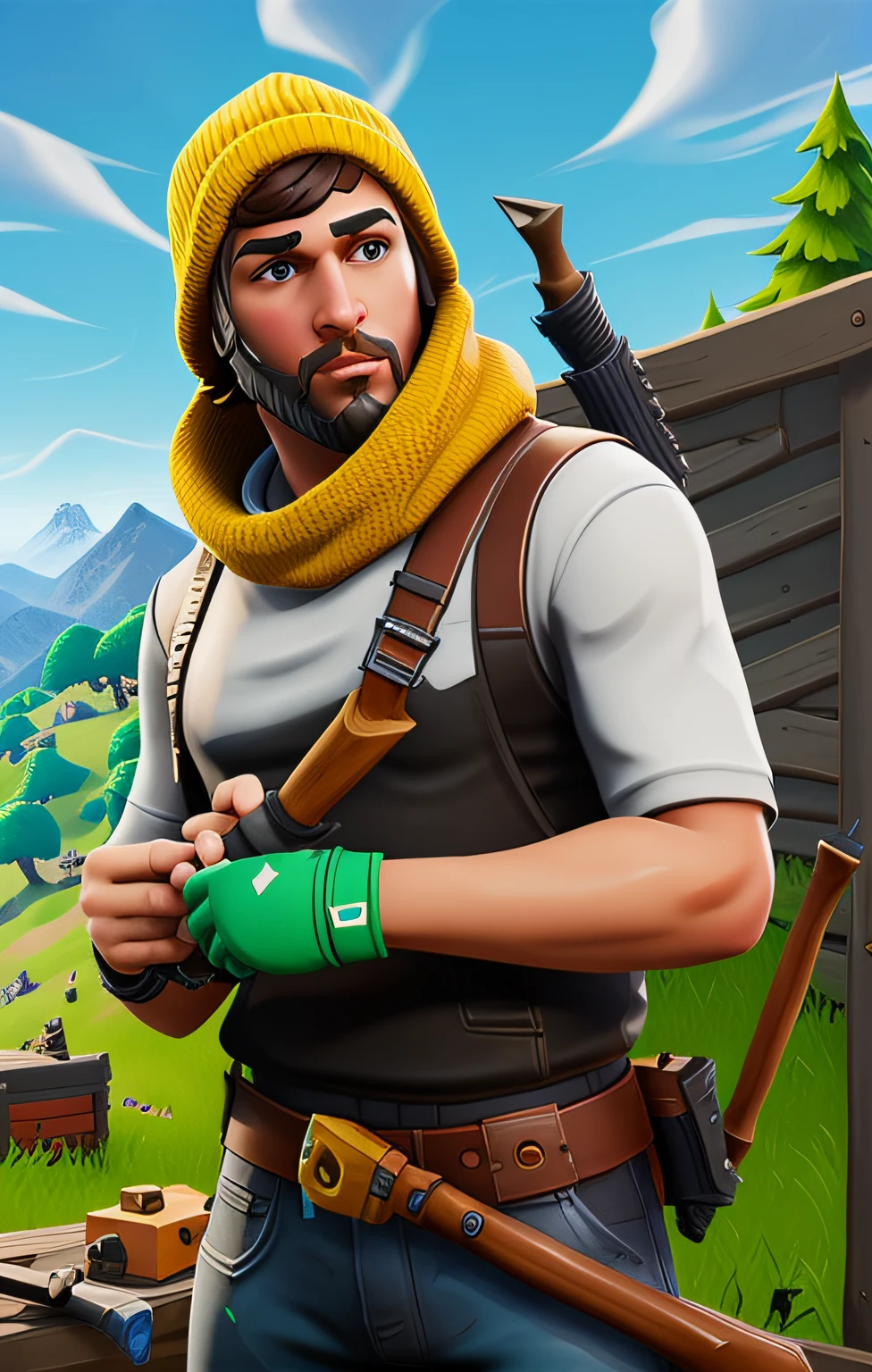 (masterpiece:1.2), best quality, Fortnite character, holding a pickaxe, (Fortnite video game background:0.9), ultra-detailed details, ultra-realistic rendering