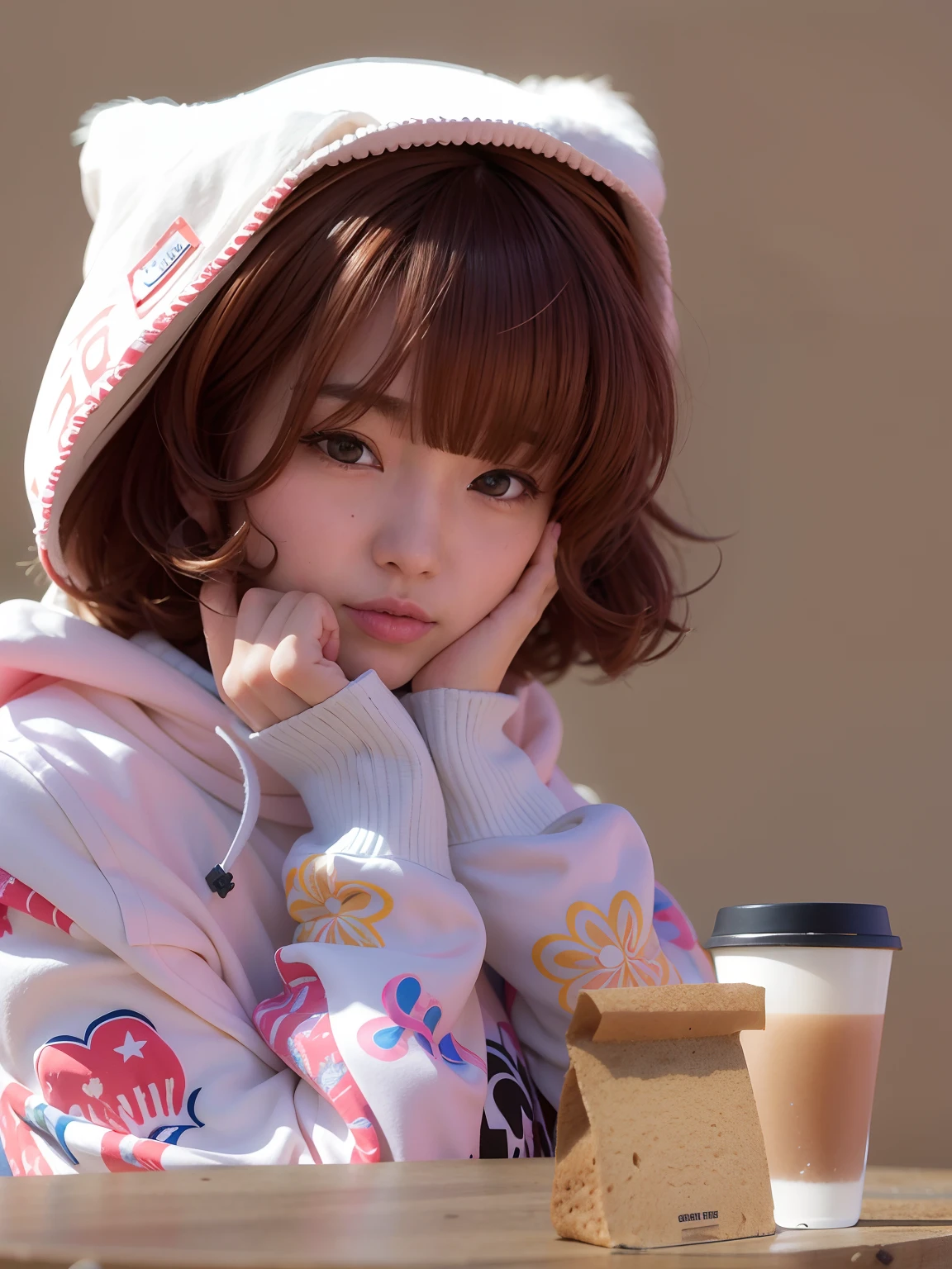 Korean, Human , Realistic, Brown hair , Bangs , Curly , Hime Cut , Kawai Hoodie ,Human , Realistic, UHD ,8K ,Cofee Shop , Cofee , Bread , Sit on table , Cake on table ,cofee on table , Sit on Table