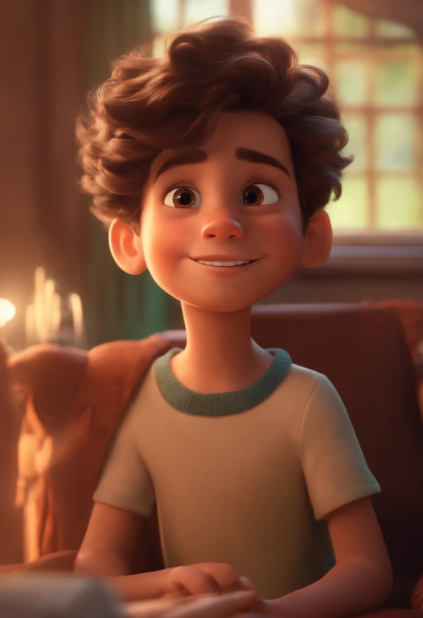 Image of a boy for a story in a YouTube video in Pixar format, He's the  allabester, He's the class leader, He's outgoing, Playful and gets up for a lot of things, cabelo curto