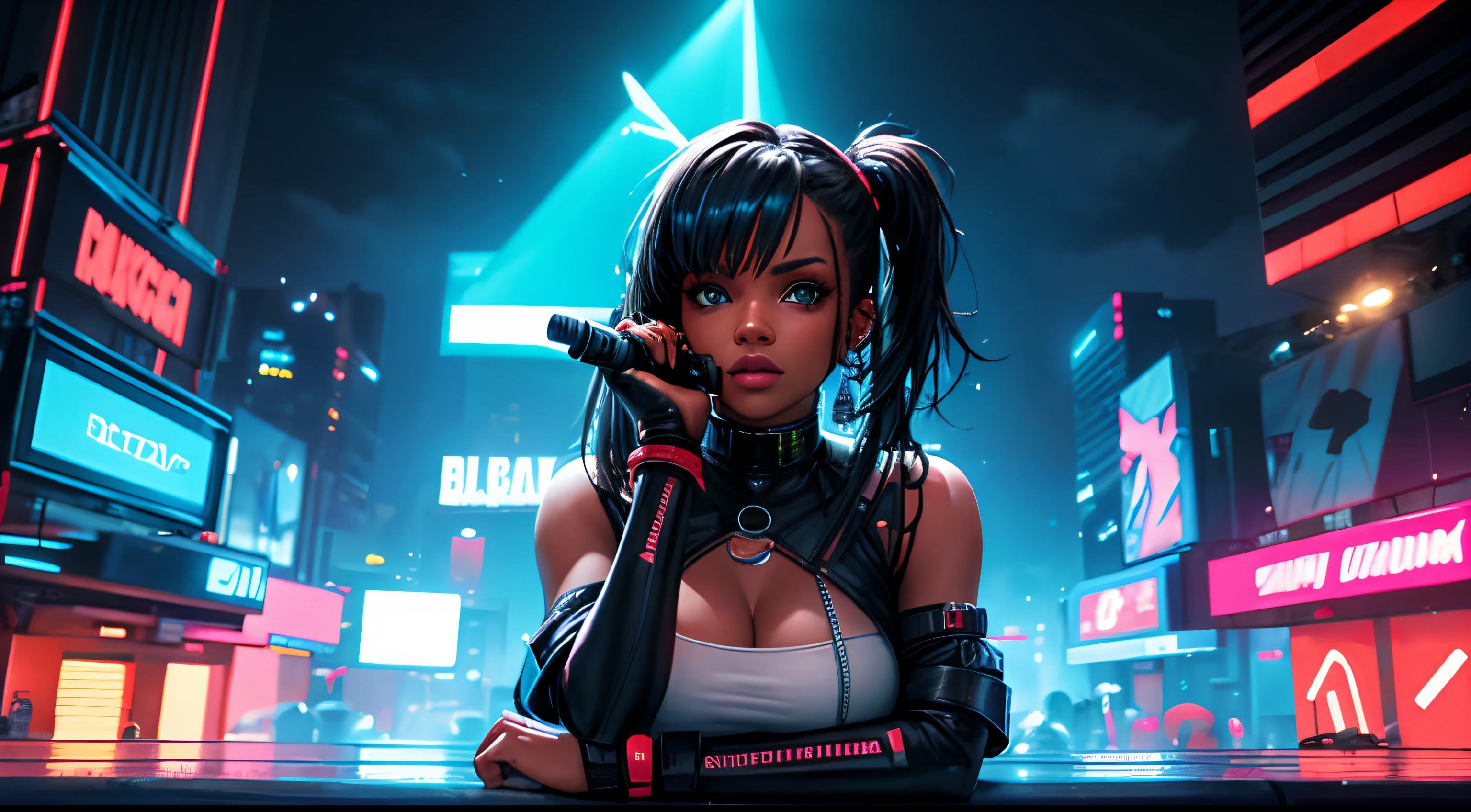 Photo of an outdoor Caribbean festival scene set in a cyberpunk 2099 cityscape, under a neon sunset sky. The stage and crowd are infused with red, white, and black colors, and blue and white lighting to symbolize the Trinidadian and American cultures respectively, without depicting actual flags. A Black Caribbean female singer, dressed in a futuristic cyberpunk outfit, is holding a microphone amidst neon blue and white stage lights. The environment echoes a Blade Runner 2049 atmosphere, with synth-wave retro elements, high energy, and a fusion of Caribbean and futuristic urban aesthetics.