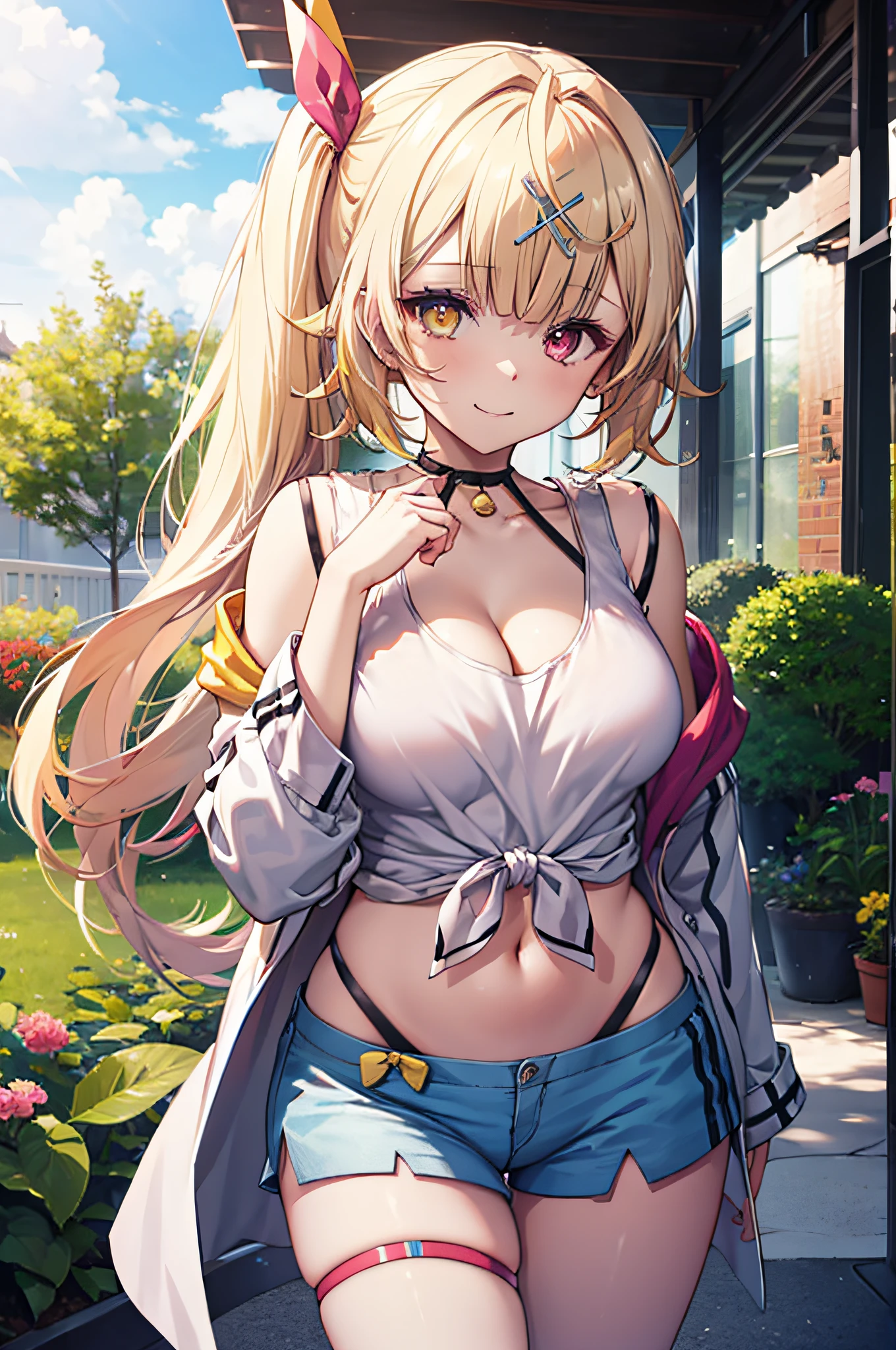 1girl, hs1, (red left eyes:1.3), (yellow right eyes:1.3), side ponytail, x hair ornament, thigh strap, smile,
BREAK (nsfw:1.2), (black bra:1.2), (cleavage:1.3), (Breasts sticking out of shirts:1.5), (tank top:1.3), blue shorts, front-tie top, hair ribbon, midriff, short shorts, panty straps, white shirt, black choker, open jacket, cowboy shot, standing, 
BREAK outdoors, (garden:1.2),
BREAK looking at viewer, 
BREAK (masterpiece:1.2), best quality, high resolution, unity 8k wallpaper, (illustration:0.8), (beautiful detailed eyes:1.6), extremely detailed face, perfect lighting, extremely detailed CG, (perfect hands, perfect anatomy)