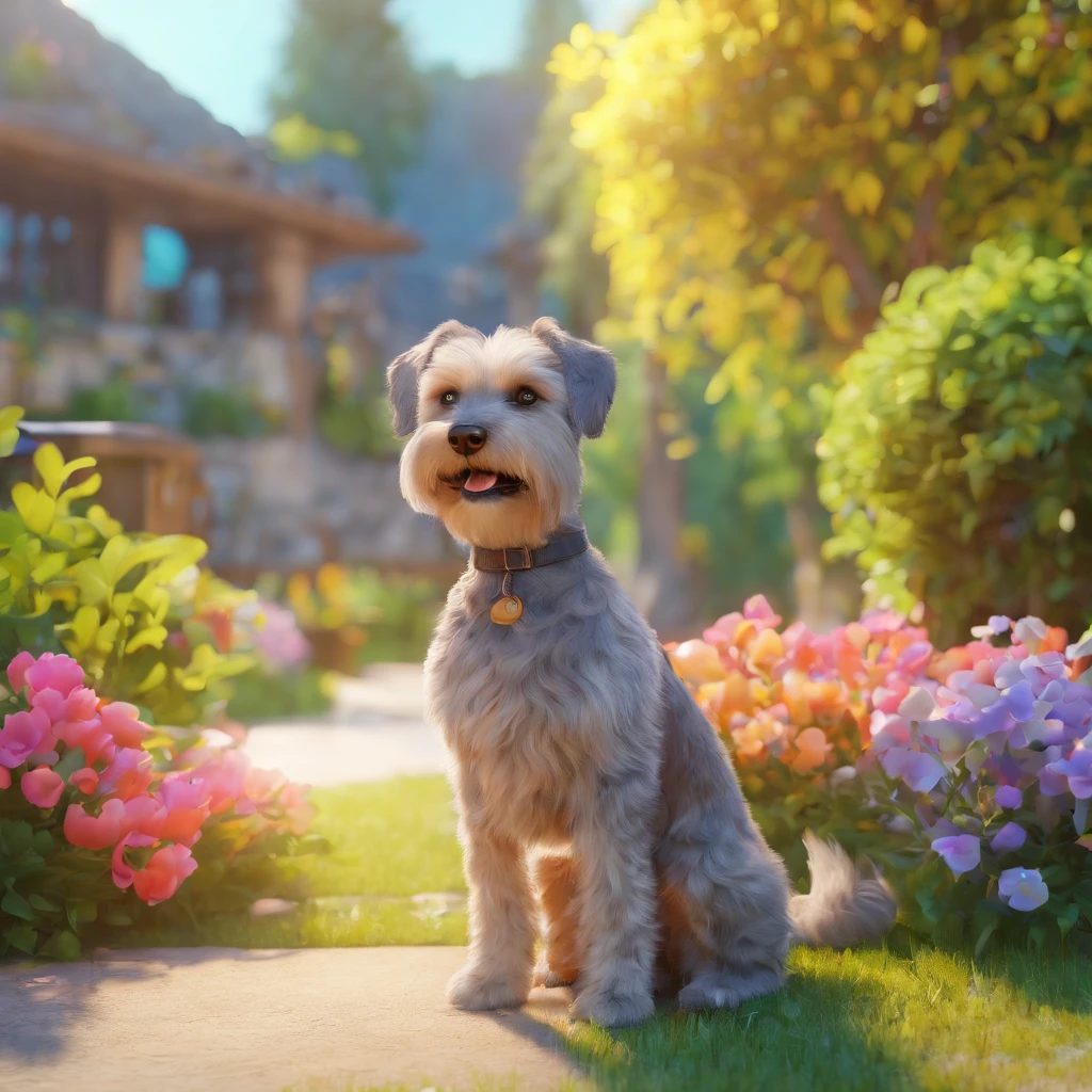 (best quality, 4k, highres, masterpiece:1.2), ultra-detailed, realistic:1.37, vibrant colors, soft lighting, peaceful garden, joyful atmosphere, detailed facial expression, happy human boy, cute schnauzer dog, natural surroundings, lush green grass, blooming flowers, clear blue sky, gentle breeze, warm sunlight, friendly companionship, playful interaction, relaxed posture, content smiles, expressive eyes, wagging tail, authentic bond, vibrant energy