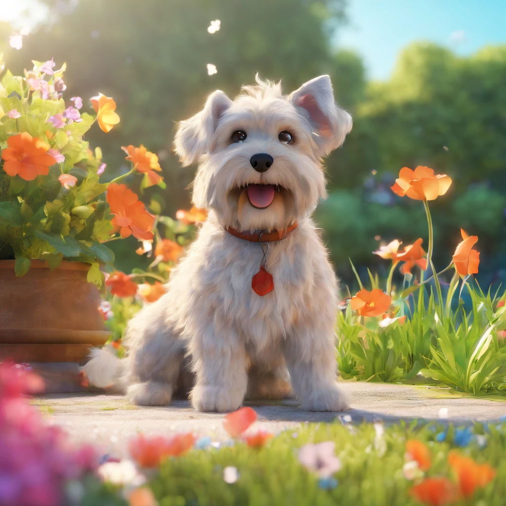 (best quality, 4k, highres, masterpiece:1.2), ultra-detailed, realistic:1.37, vibrant colors, soft lighting, peaceful garden, joyful atmosphere, detailed facial expression, happy human boy, cute schnauzer dog, natural surroundings, lush green grass, blooming flowers, clear blue sky, gentle breeze, warm sunlight, friendly companionship, playful interaction, relaxed posture, content smiles, expressive eyes, wagging tail, authentic bond, vibrant energy