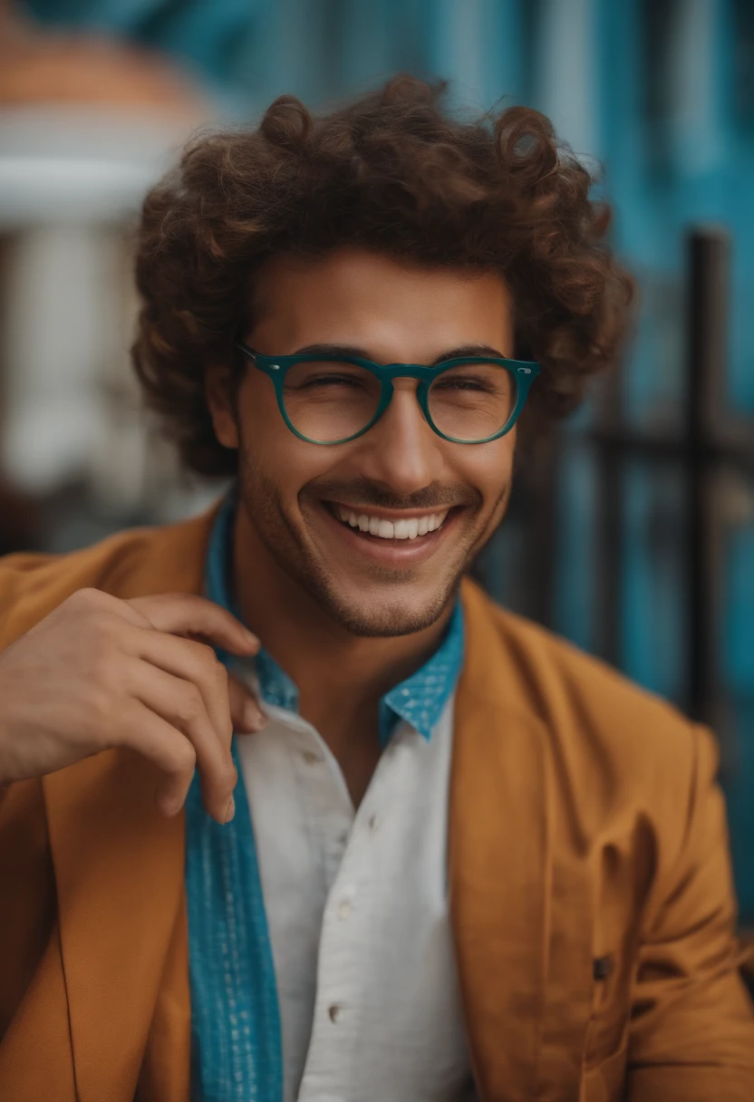 A glasses programmer with happy facial expressions, boca grande, cabelo espetado.