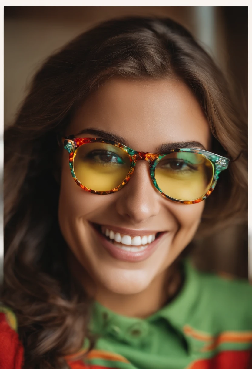 A glasses programmer with happy facial expressions, boca grande, cabelo espetado.