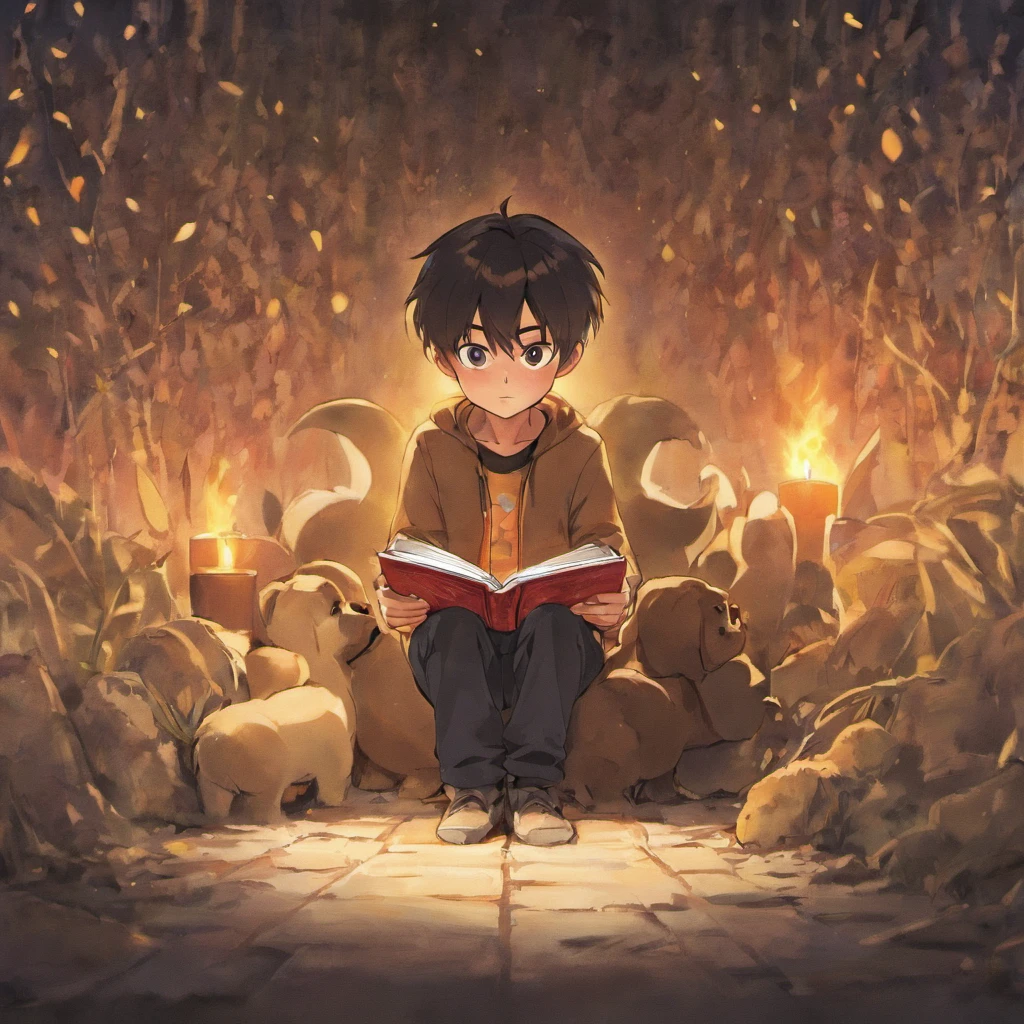 um de sete anos lendo um livro com seu cachorro labrador preto te lambendo, ::style pixar cartoon