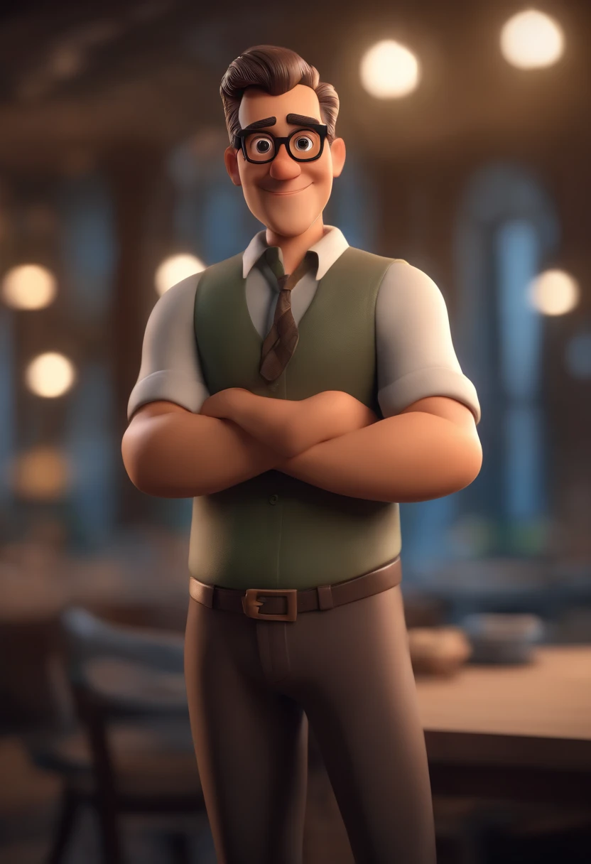 Cartoon character of a man with black glasses, cabelo cacheado marrom escuro e uma camisa azul, animation character, Caractere estilizado, animation style rendering, 3D estilizado, Arnold Maya render, 3 d render stylized, toon render keyshot, Personagem 3D, Personagem 3D, 3d rendering stylized, 3 d character render, personagem de desenho animado, Personagem de close up, Pose de personagem,  (Estilo Pixar) (master part:1.2) (Bokeh) (best quality) (pele detalhada) (textura detalhada) (8k) (argila) (Cinematic lighting) (foco nítido