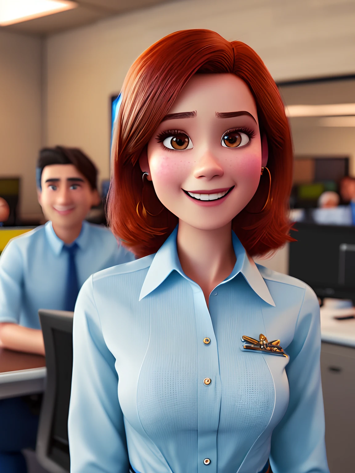 pixarstyle a waist-length portrait of a young woman in a office shirt, smile, office, natural skin texture, 4k textures, hdr, intricate, highly detailed, sharp focus, cinematic look, hyperdetailed