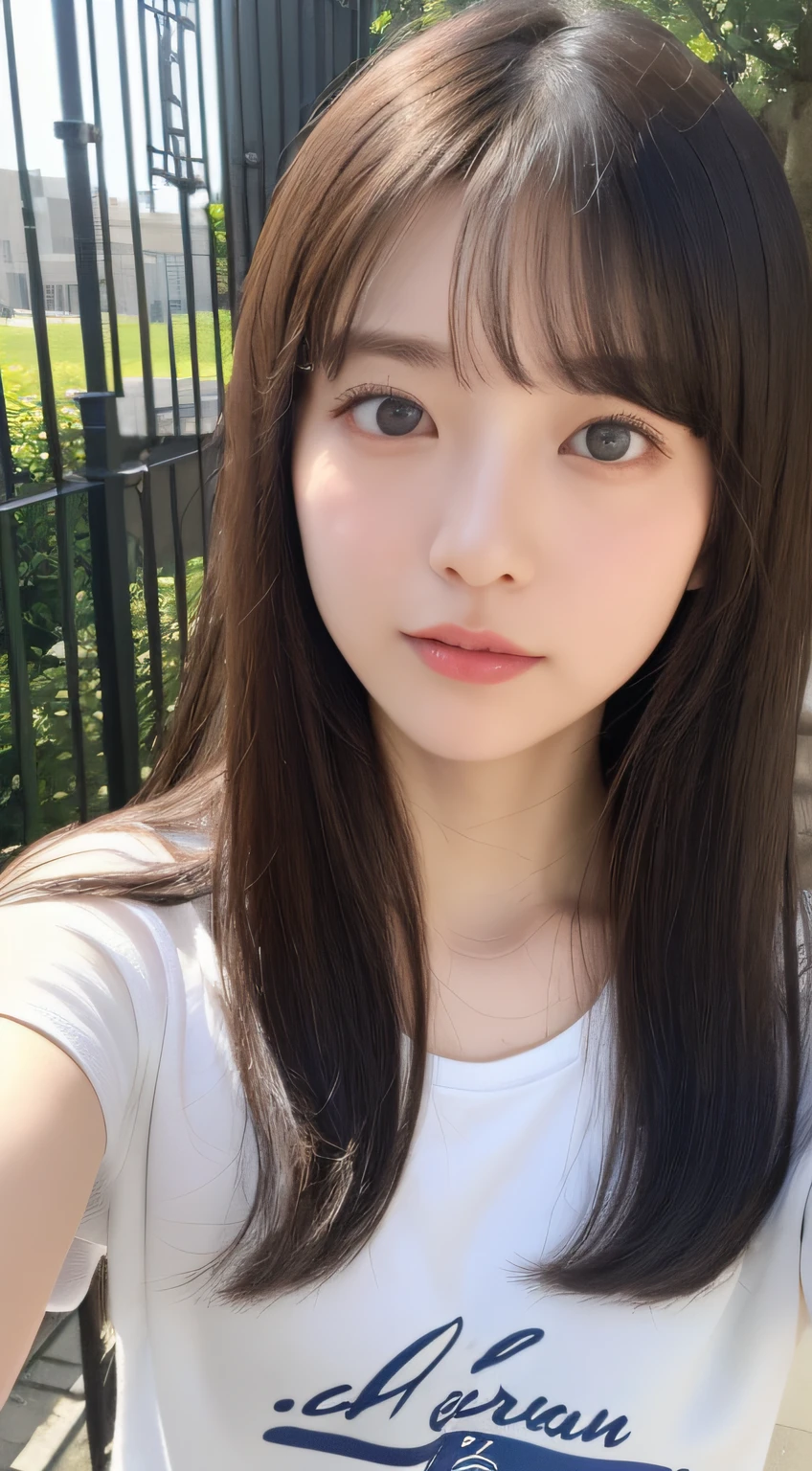 ((top-quality、8K、masterpiece:1.5))、One girl、(Unhealthy face)、(Letter to)、Blunt bangs、(Lots of bangs:1.4)、(full body Esbian:1.4)、(Symmetrical face)、hyperdetailed face、Ultra detailed mouth、A detailed eye、Detailed ears、Slim Faces、(selfee:1.4)、(off shoulders)、(Armpit)、(Looking Up)、(From above)、(Straight long hair、Ahoge:1.3)、(Upper Eyes)、the background is blurred、(Changing clothes:1.4)、(Pure White Light Shirt:1.3)、(I see underwear:1.3)、lipgloss、(a park)、(natural soft light:1.3)、
