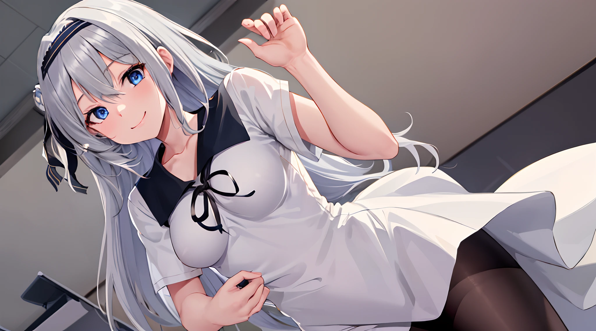 masterpiece,best quality, highres, kei1, 1girl, solo, blue eyes, long hair, white dress, short sleeves, ribbon, bangs, collarbone, grey hair, white skirt, black hairband, black pantyhose, neck ribbon, hair between eyes, medium breasts, sailor collar, cowboy shot, classroom, smile,