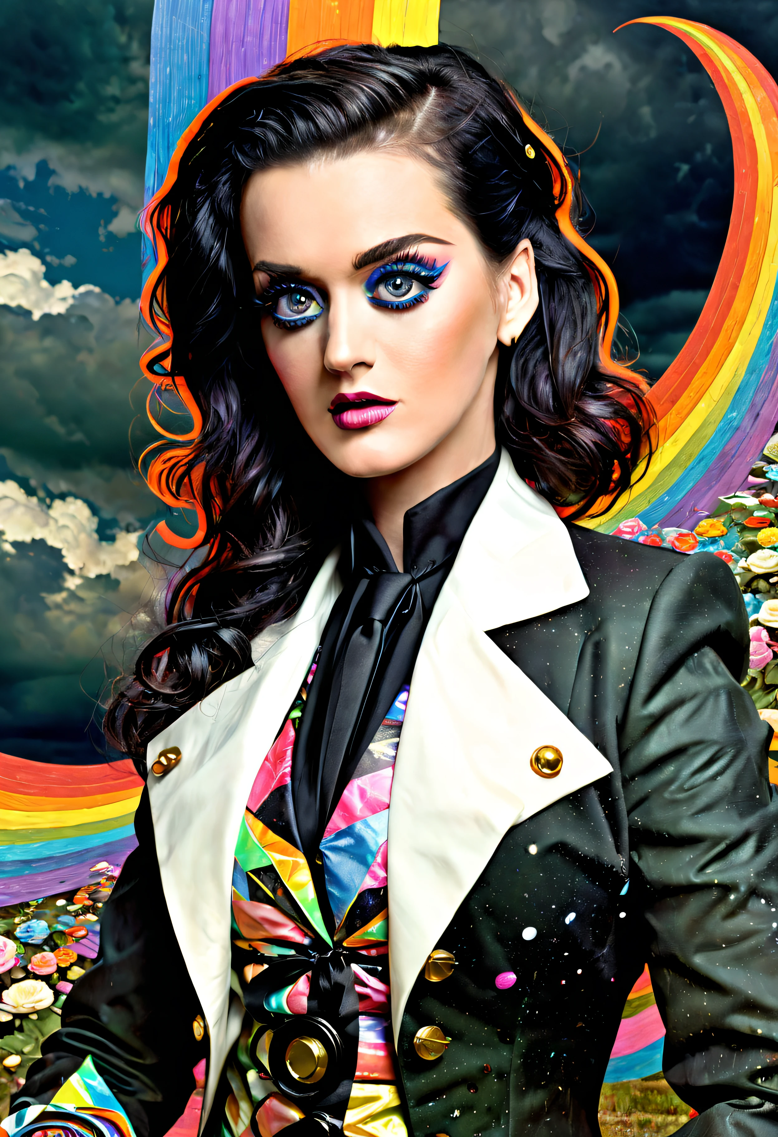 KatyPerry, (art by J.C. Leyendecker:0.7) , (art by John Constable:1.2) , photograph, hyper detailed, (Woman:1.1) , wearing 1600'S Art Nouveau contrasting colors Tailcoat, DayGlo Anime Eyes, Hurricane, horizon-centered, rim light, film grain, Polaroid, F/2.8, Ribbons, octane engine,