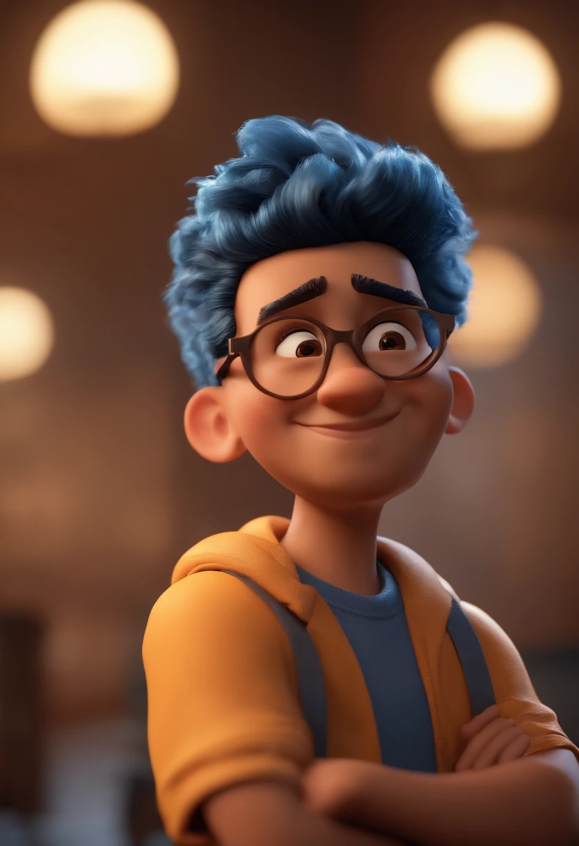 Personagem de desenho animado de um adolescente pretos e uma camisa azul, um personagem animado, Caractere estilizado, animation style rendering, 3D estilizado, Arnold Maya render, 3 d render stylized, toon render keyshot, Personagem 3D, Personagem 3D, 3d rendering stylized, 3 d character render, personagem de desenho animado, Personagem de close up, Pose de personagem, (Estilo  Pixar) (master part:1.2) (Bokeh) (best quality) (pele detalhada) (textura detalhada) (8k) (argila) (Cinematic lighting) (foco nítido，Senta e vaza a parte superior do corpo com roupa social na frente de uma estante de livros  sorrindo