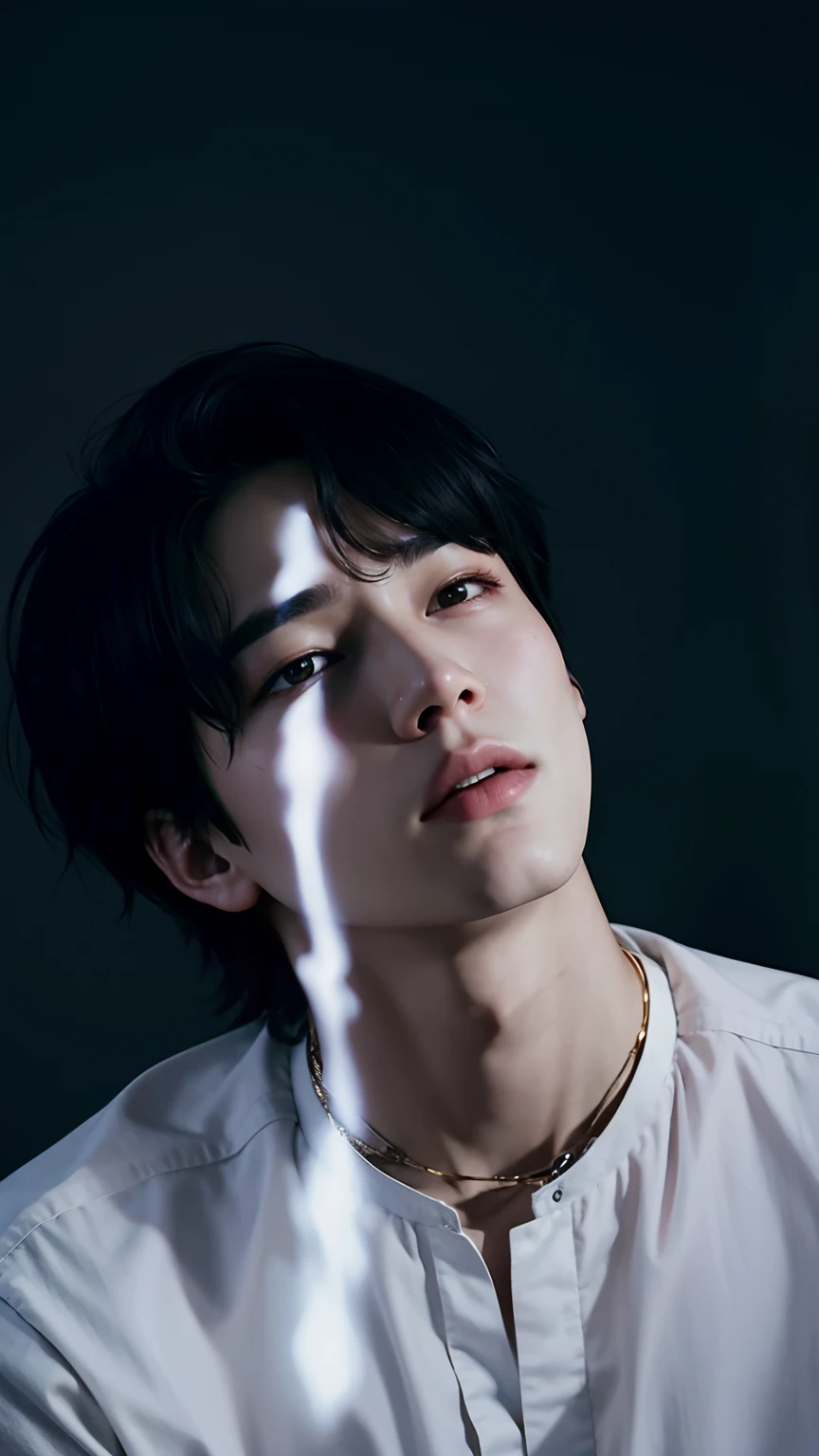 Imagen de un hombre con una camisa blanca y un collar, Jimin, Jung Jaehyun, Parque Jimin, Jimin\labios regordetes, Hyung Tae, Cara precisa de Jimin, Yoongi de pelo negro, Taejune Kim, jungkook, Kim Doyoung, Jimin\Nariz griega de, Jimin\swollen right eyelid, he has a glow coming from him