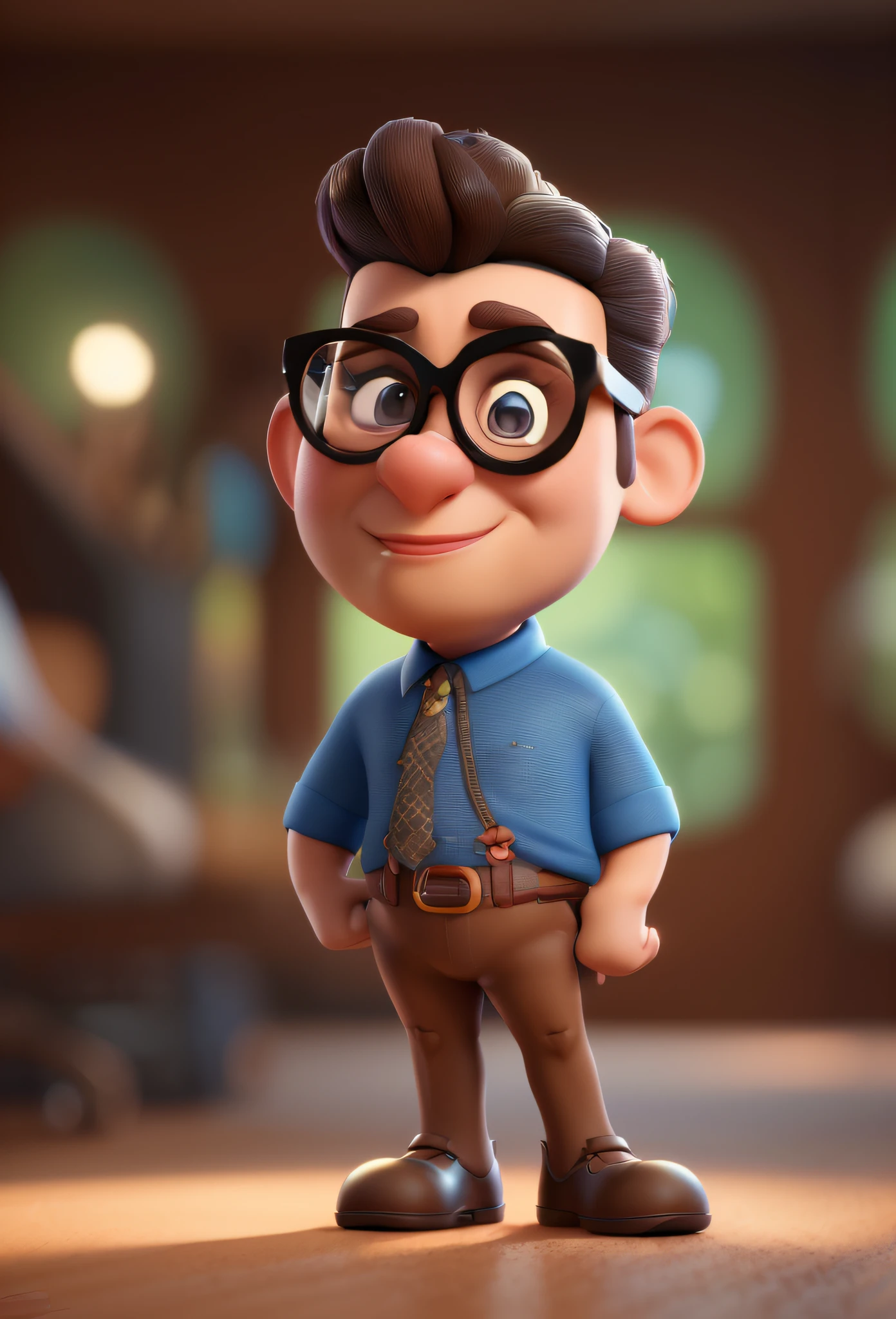 Cartoon character of a fat bald brunette man with black glasses and a blue shirt, animation character, Caractere estilizado, animation style rendering, 3D estilizado, Arnold Maya render, 3 d render stylized, toon render keyshot, Personagem 3D, Personagem 3D, 3d rendering stylized, 3 d character render, personagem de desenho animado, Personagem de close up, Pose de personagem,  (Estilo Pixar) (master part:1.2) (Bokeh) (best quality) (pele detalhada) (textura detalhada) (8k) (argila) (Cinematic lighting) (foco nítido