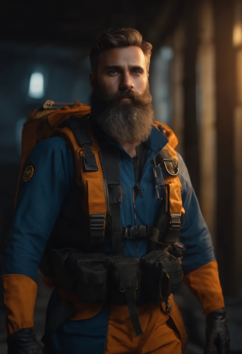 (best quality,4k,8k,highres,masterpiece:1.2),ultra-detailed,realistic,portrait,professional,socorrista,rescue backpack,blue dark jumpsuit,SAMU,yellowish-orange,beard,slightly overweight