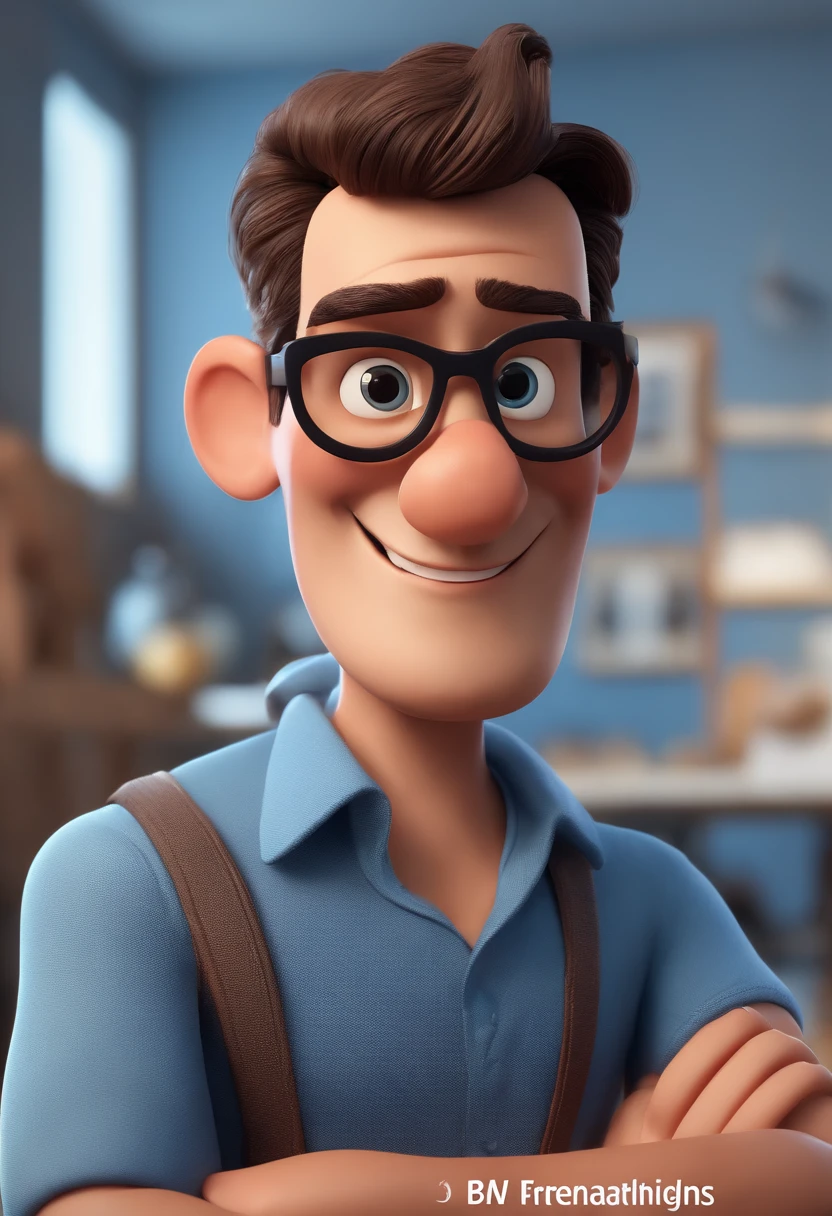 Cartoon character of a man with black glasses and a blue shirt, animation character, Caractere estilizado, animation style rendering, 3D estilizado, Arnold Maya render, 3 d render stylized, toon render keyshot, Personagem 3D, Personagem 3D, 3d rendering stylized, 3 d character render, personagem de desenho animado, Personagem de close up, Pose de personagem, (Estilo Pixar) (master part:1.2) (Bokeh) (best quality) (pele detalhada) (textura detalhada) (8k) (argila) (Cinematic lighting) (foco nítido