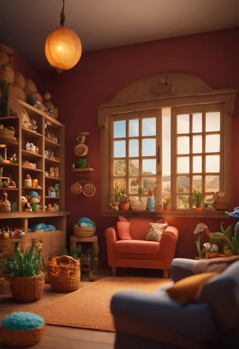 create a 3D movie poster inspired by Disney Pixar, The scene should be in Pixar's signature Amigurumi atelier style, with an image of a craft studio that resembles an artisan with, morena clara, rosto quadrado, olhos castanhos, with square glasses, cabelos longos cacheados e loira, dentro de seu local de trabalho, que mostra claramente uma faixa escrita ARTE DA LI.