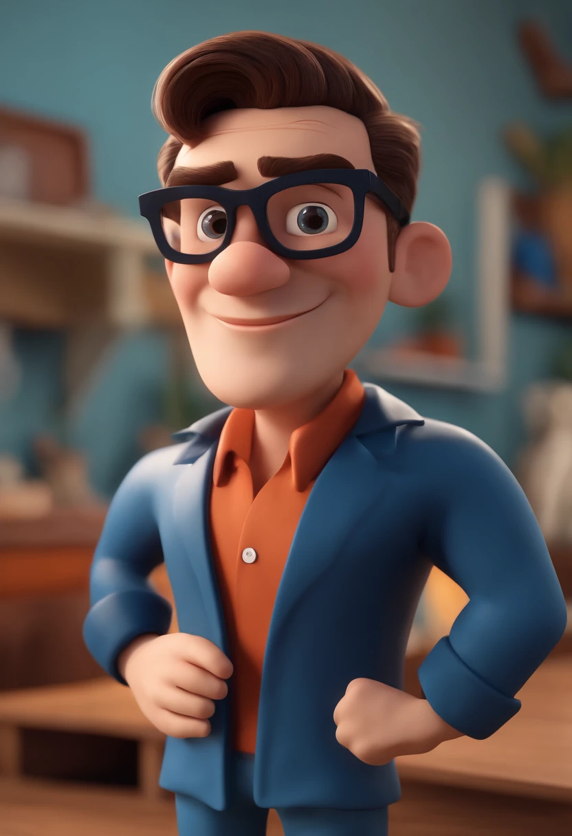 Cartoon character of a man with black glasses and a blue shirt, animation character, Caractere estilizado, animation style rendering, 3D estilizado, Arnold Maya render, 3 d render stylized, toon render keyshot, Personagem 3D, Personagem 3D, 3d rendering stylized, 3 d character render, personagem de desenho animado, Personagem de close up, Pose de personagem, (Estilo Pixar) (master part:1.2) (Bokeh) (best quality) (pele detalhada) (textura detalhada) (8k) (argila) (Cinematic lighting) (foco nítido