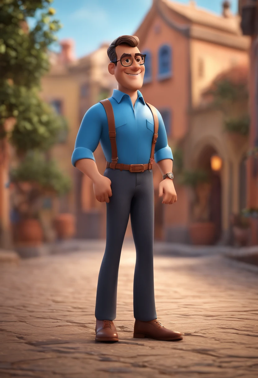 Cartoon character of a man with black glasses and a blue shirt, animation character, Caractere estilizado, animation style rendering, 3D estilizado, Arnold Maya render, 3 d render stylized, toon render keyshot, Personagem 3D, Personagem 3D, 3d rendering stylized, 3 d character render, personagem de desenho animado, Personagem de close up, Pose de personagem,  (Estilo Pixar) (master part:1.2) (Bokeh) (best quality) (pele detalhada) (textura detalhada) (8k) (argila) (Cinematic lighting) (foco nítido