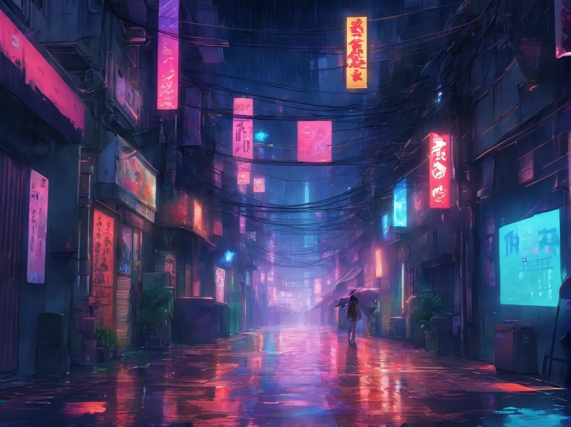 calle estrecha, street alley, ciudad, noche, lluvia, cyberpunk, A high resolution, ultrasharp, 8k, obra maestra